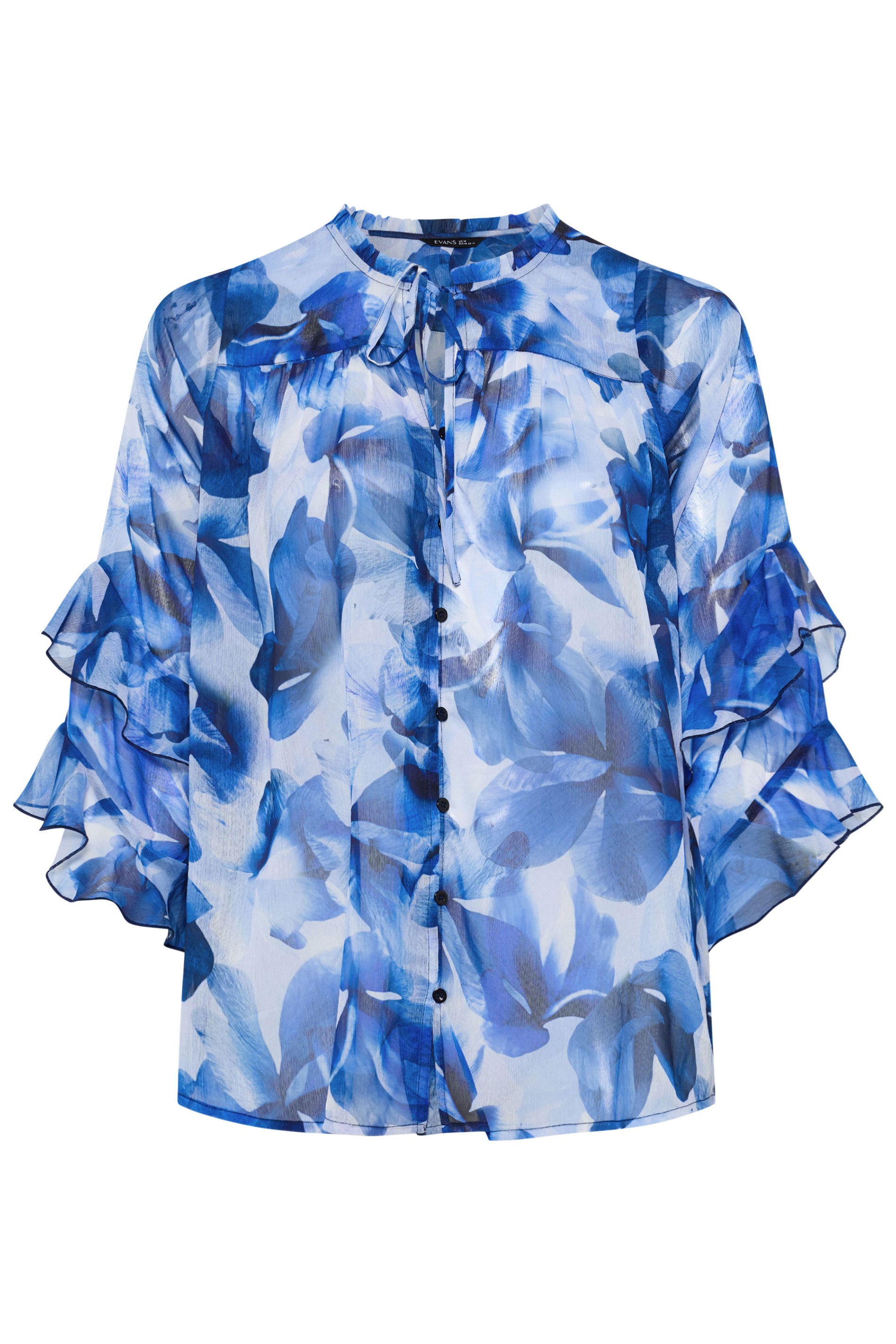 EVANS Plus Size Blue Floral Tie Neck Frill Blouse | Evans 5