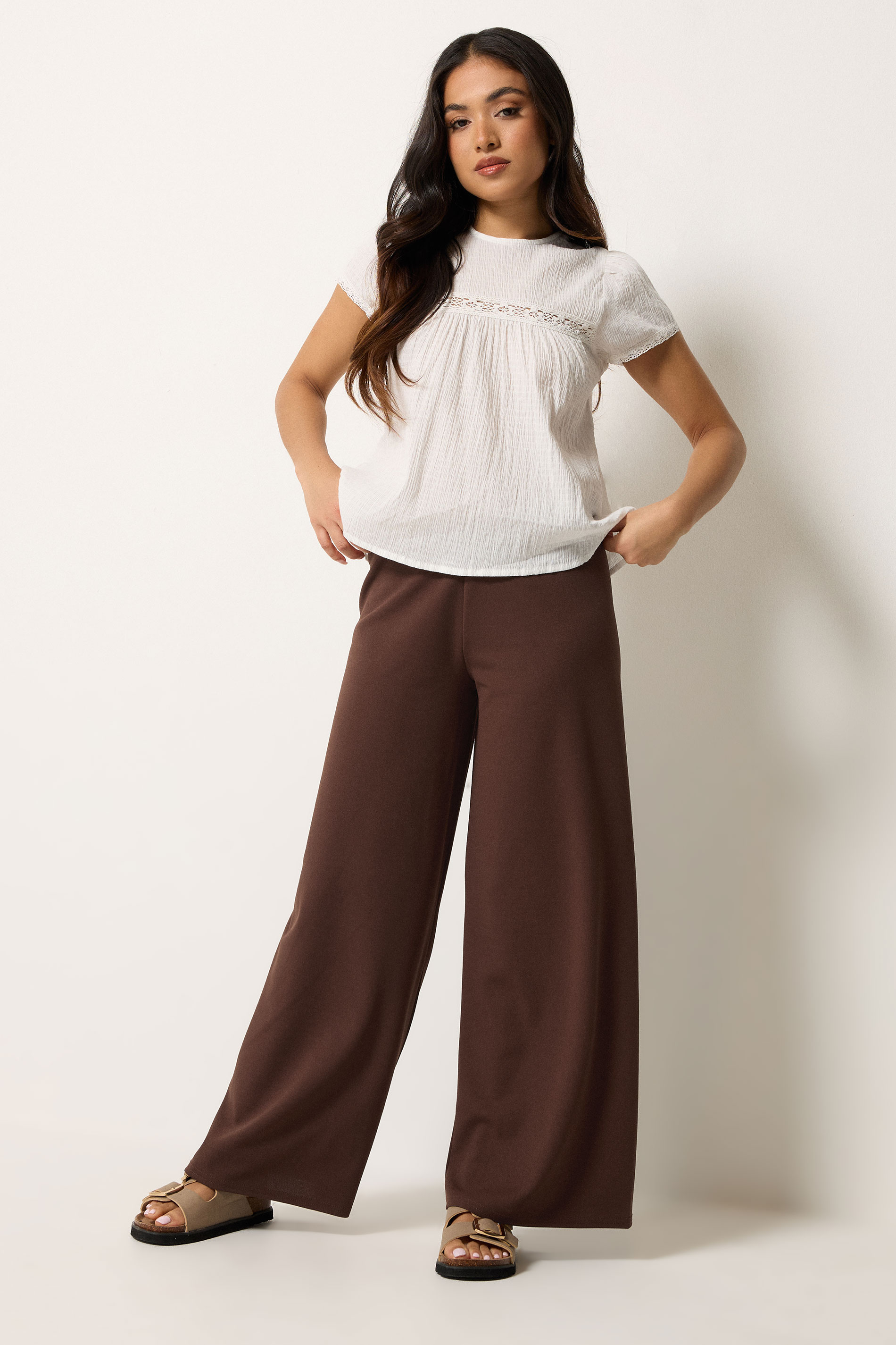 PixieGirl Petite Women's Chocolate Brown Scuba Wide Leg Trousers | PixieGirl 3