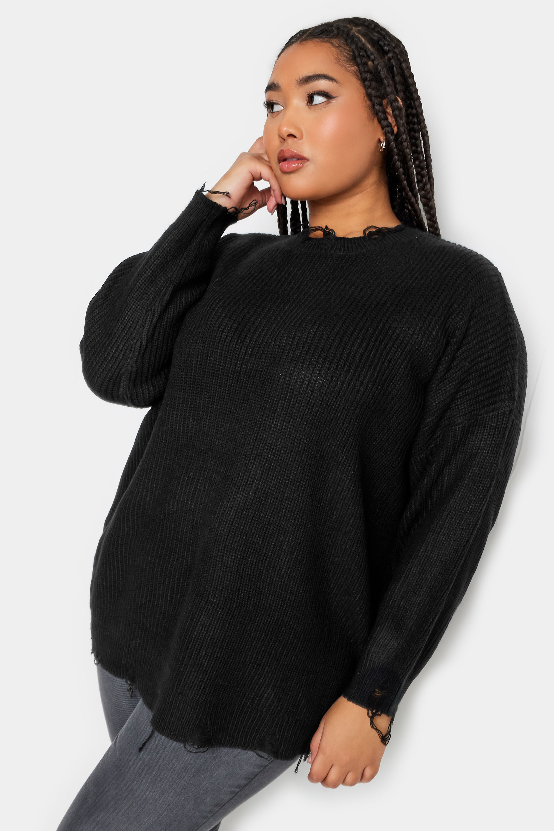 YOURS Plus Size Black Distressed Knitted Jumper | Yours Clothing 1