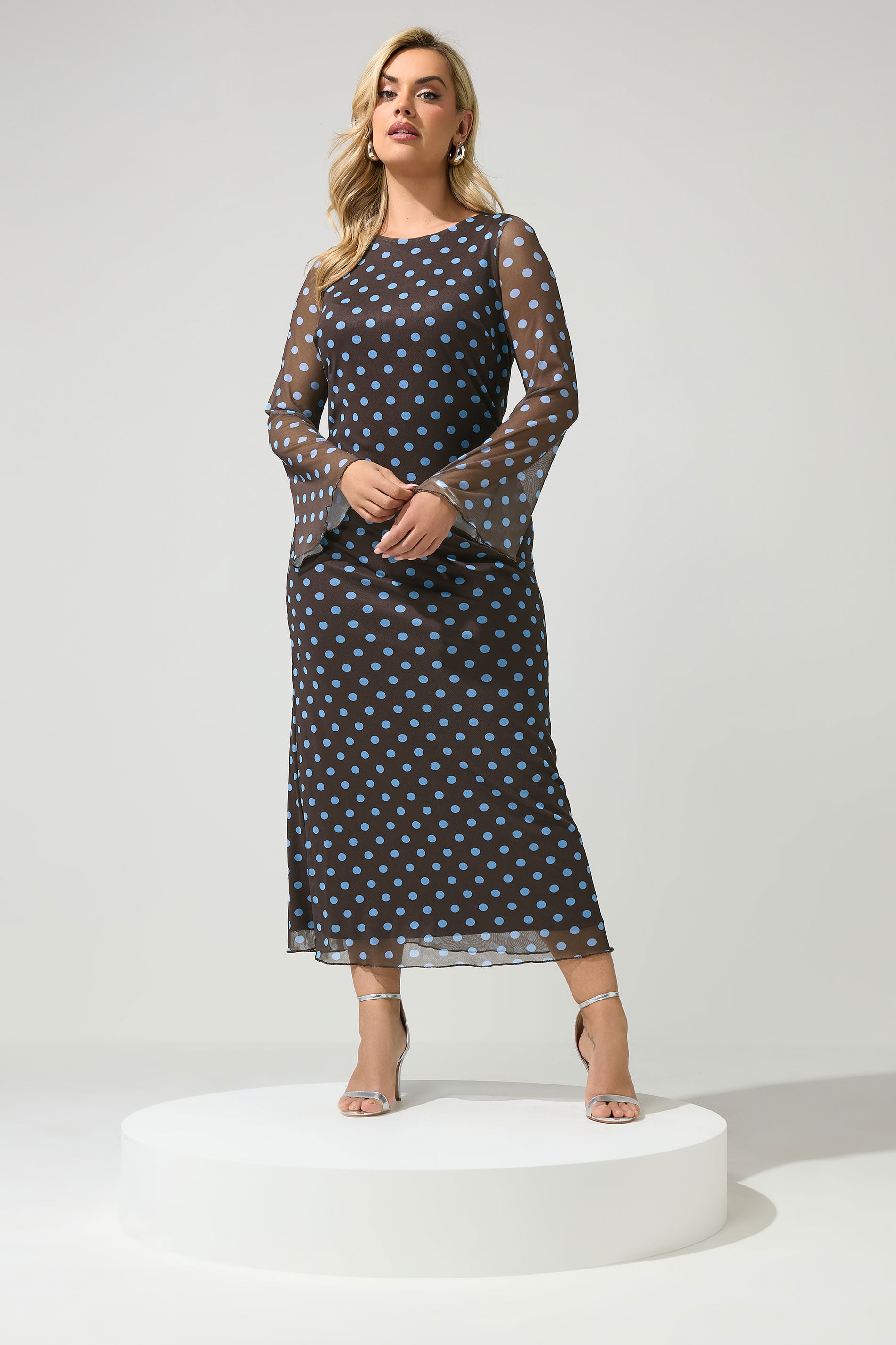 YOURS LONDON Plus Size Chocolate Brown & Blue Polka Dot Mesh Dress | Yours Clothing 3
