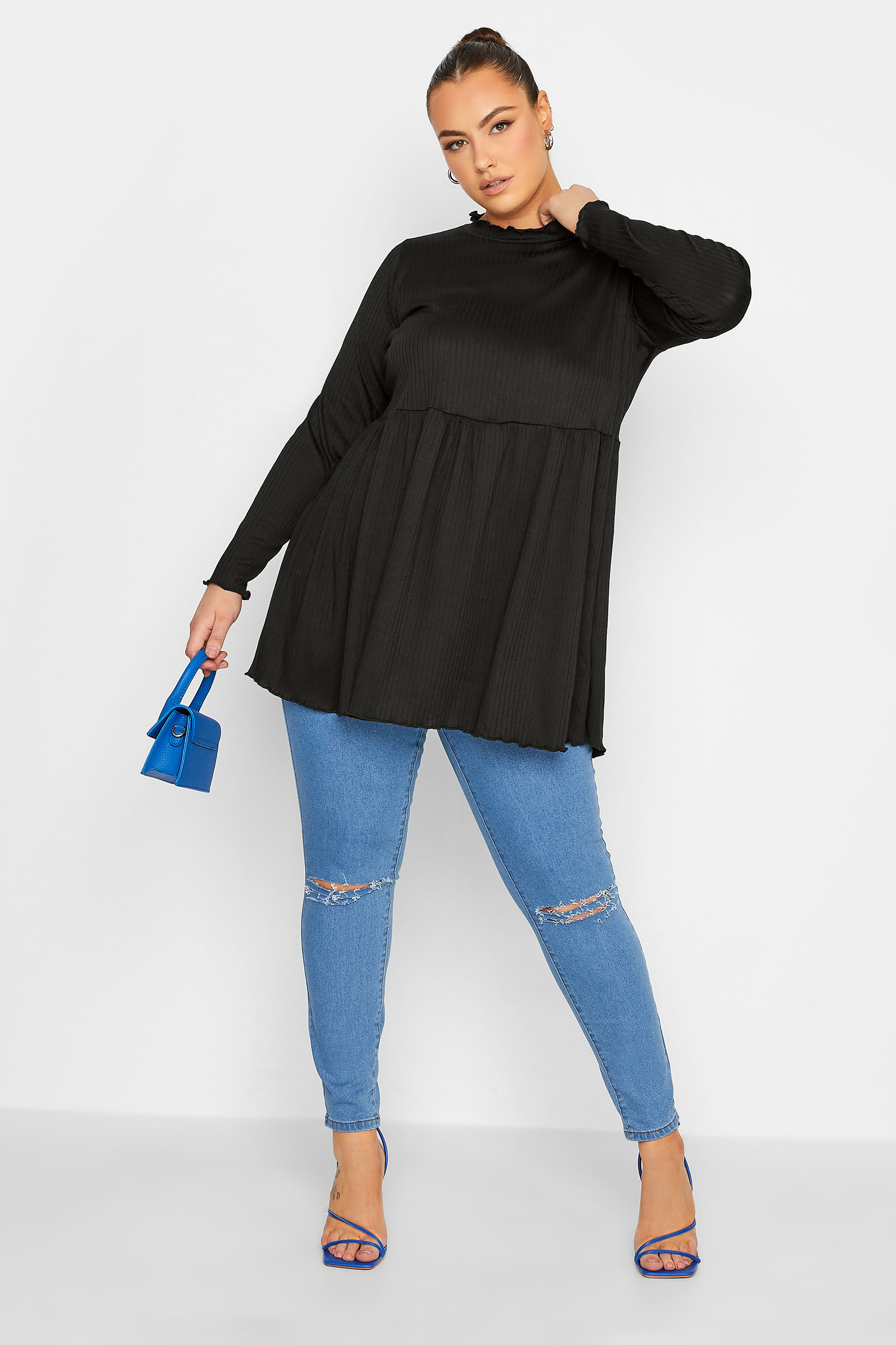 LIMITED COLLECTION Plus Size Black Peplum Lettuce Hem Top | Yours Clothing  2