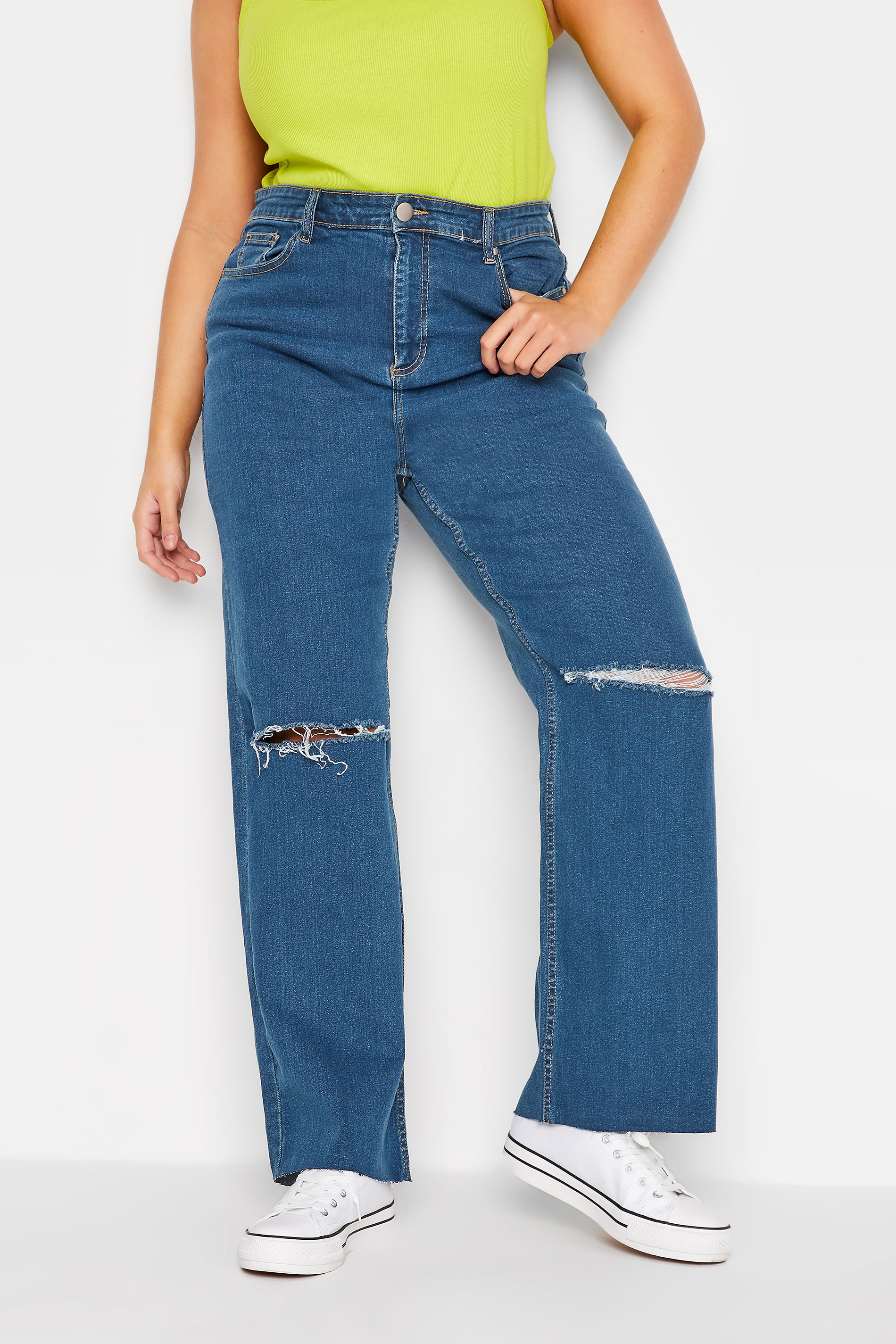 Plus Size Mid Blue Ripped Wide Leg Jeans | Yours Clothing 1