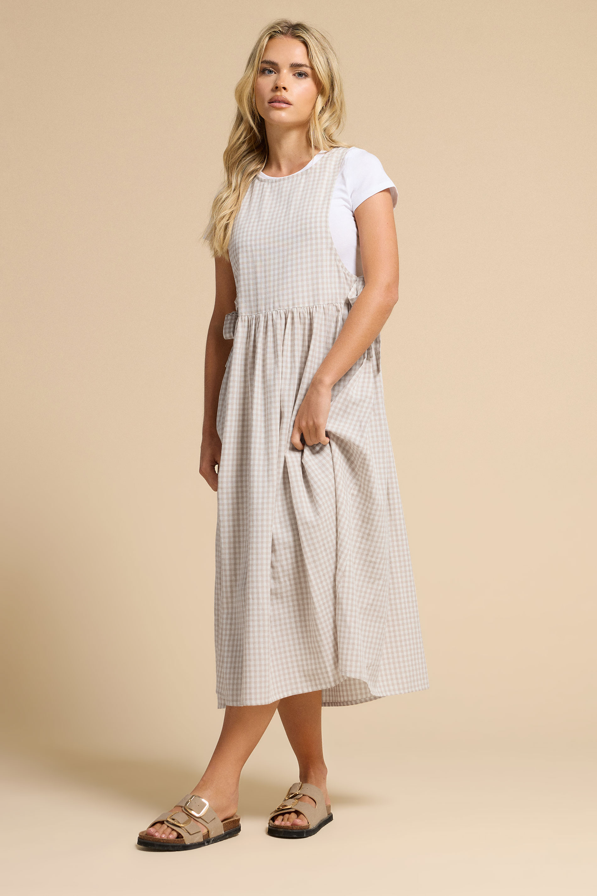 PixieGirl Petite Women's Natural Brown Gingham Tie Side Pinafore Dress | PixieGirl 3