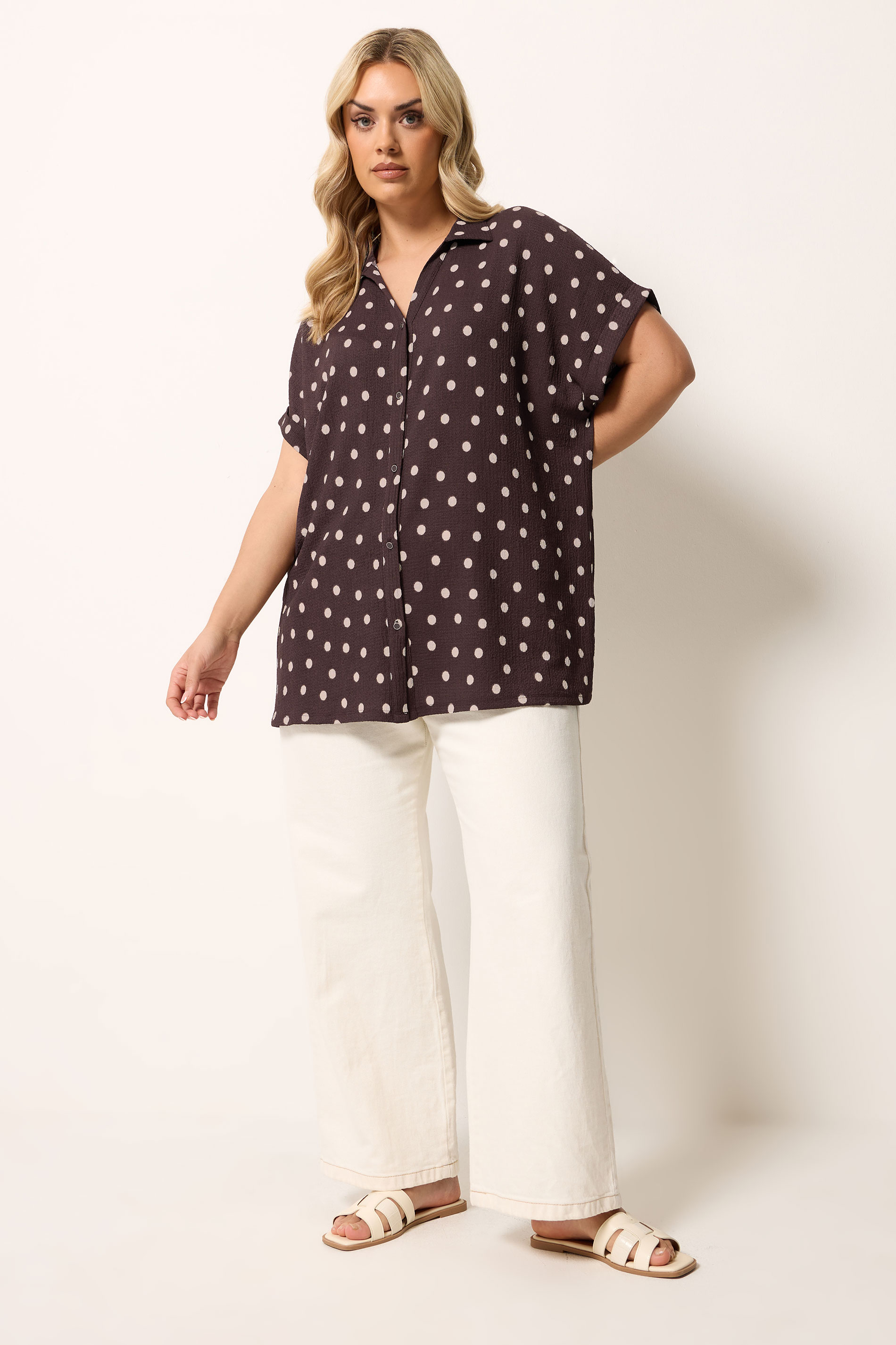 YOURS Plus Size Chocolate Brown Polka Dot Shirt | Yours Clothing 1