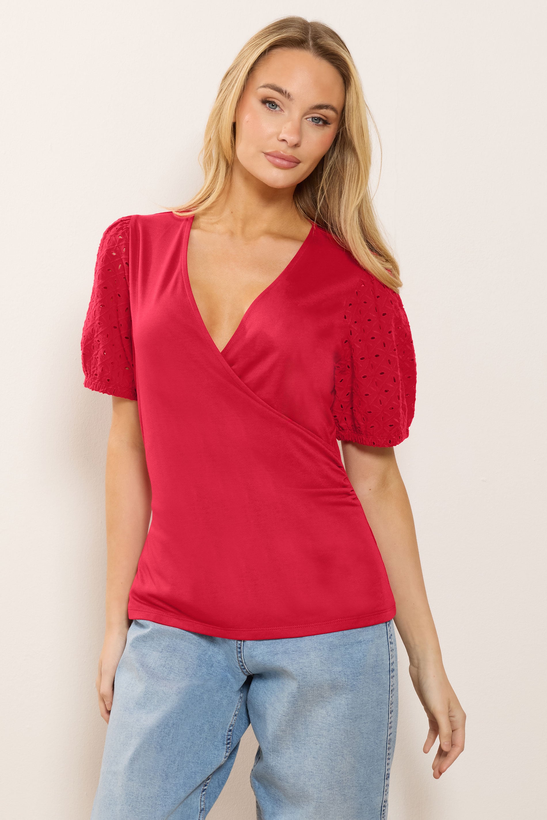 M&Co Red Broderie Sleeve Cotton Wrap Top | M&Co 3