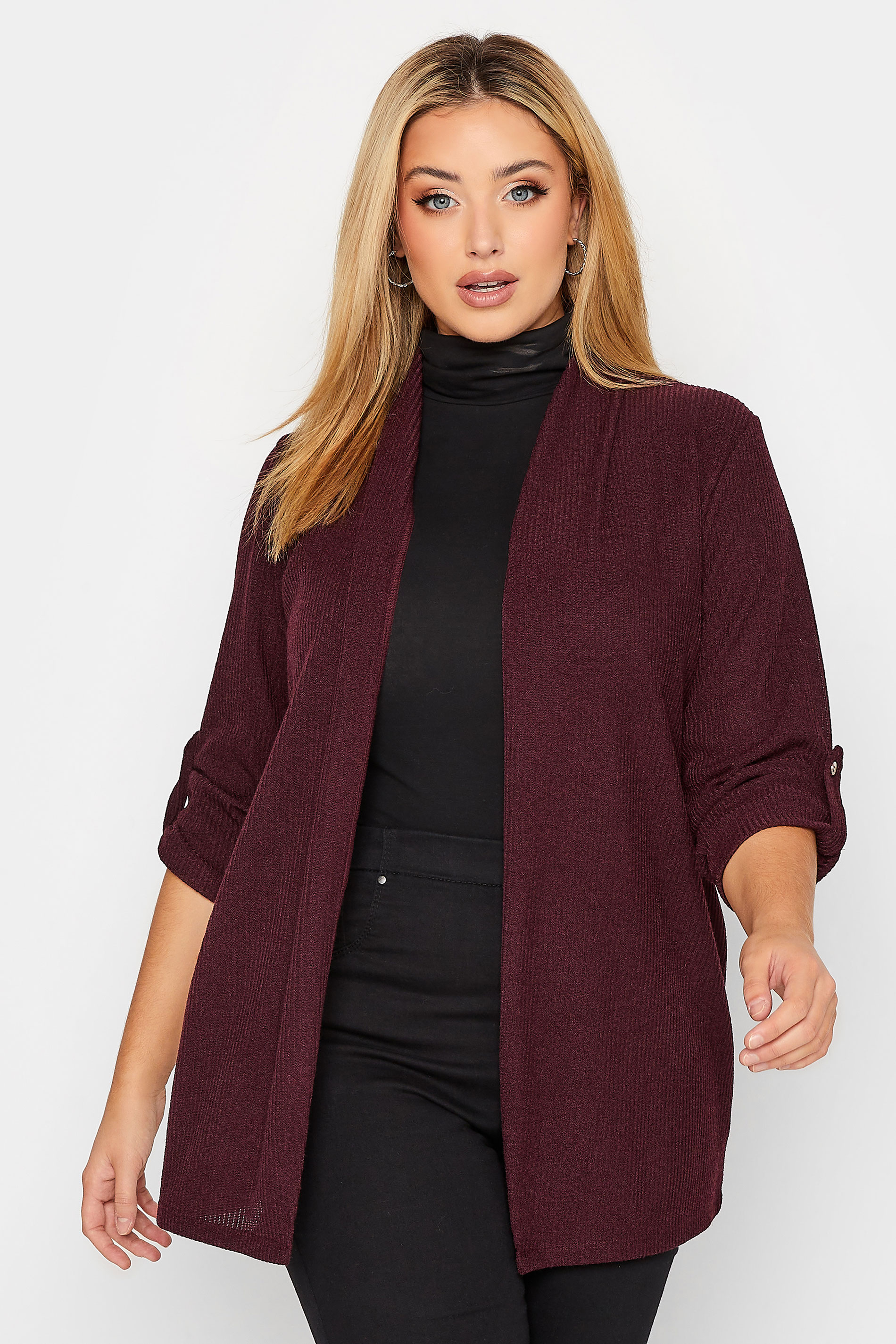 Curve Plus Size Maroon Red Ribbed Cardigan | Yours Clothing 1