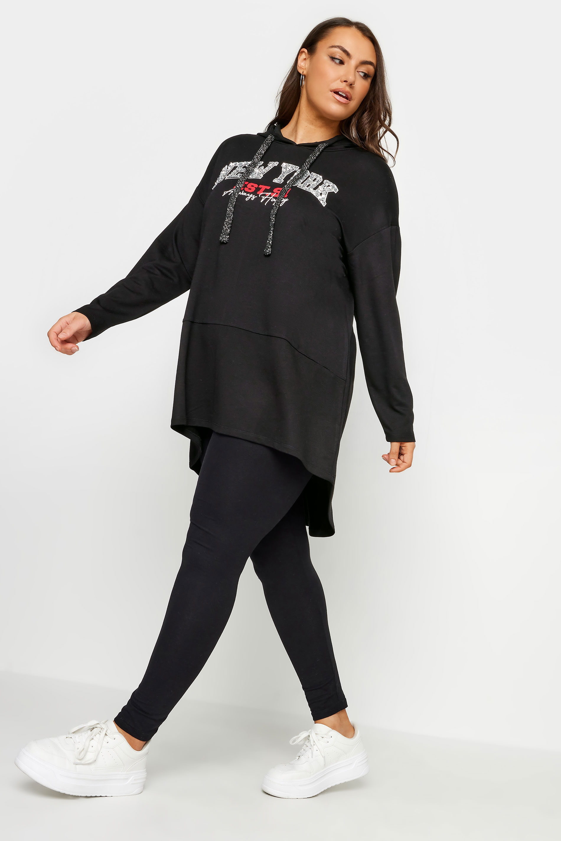 YOURS Plus Size Black 'New York' Slogan Longline Hoodie | Yours Clothing 3
