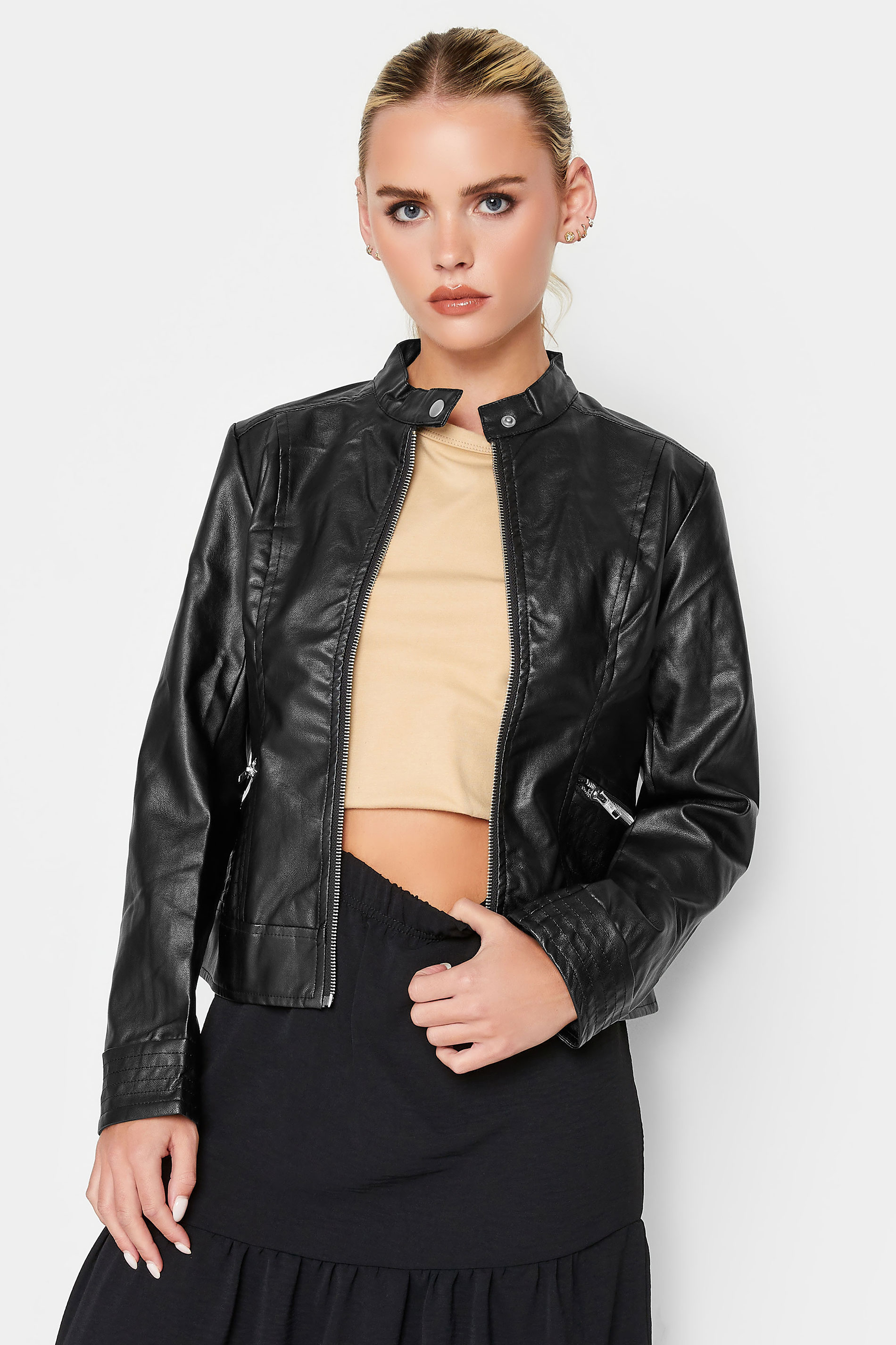 Petite Black Collarless Faux Leather Jacket | PixieGirl