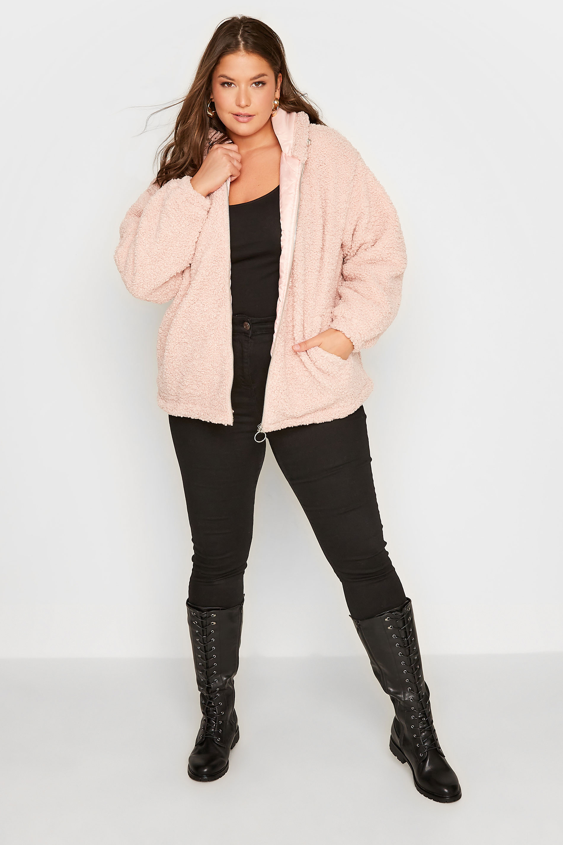Plus Size Pink Teddy Hooded Jacket | Yours Clothing 2