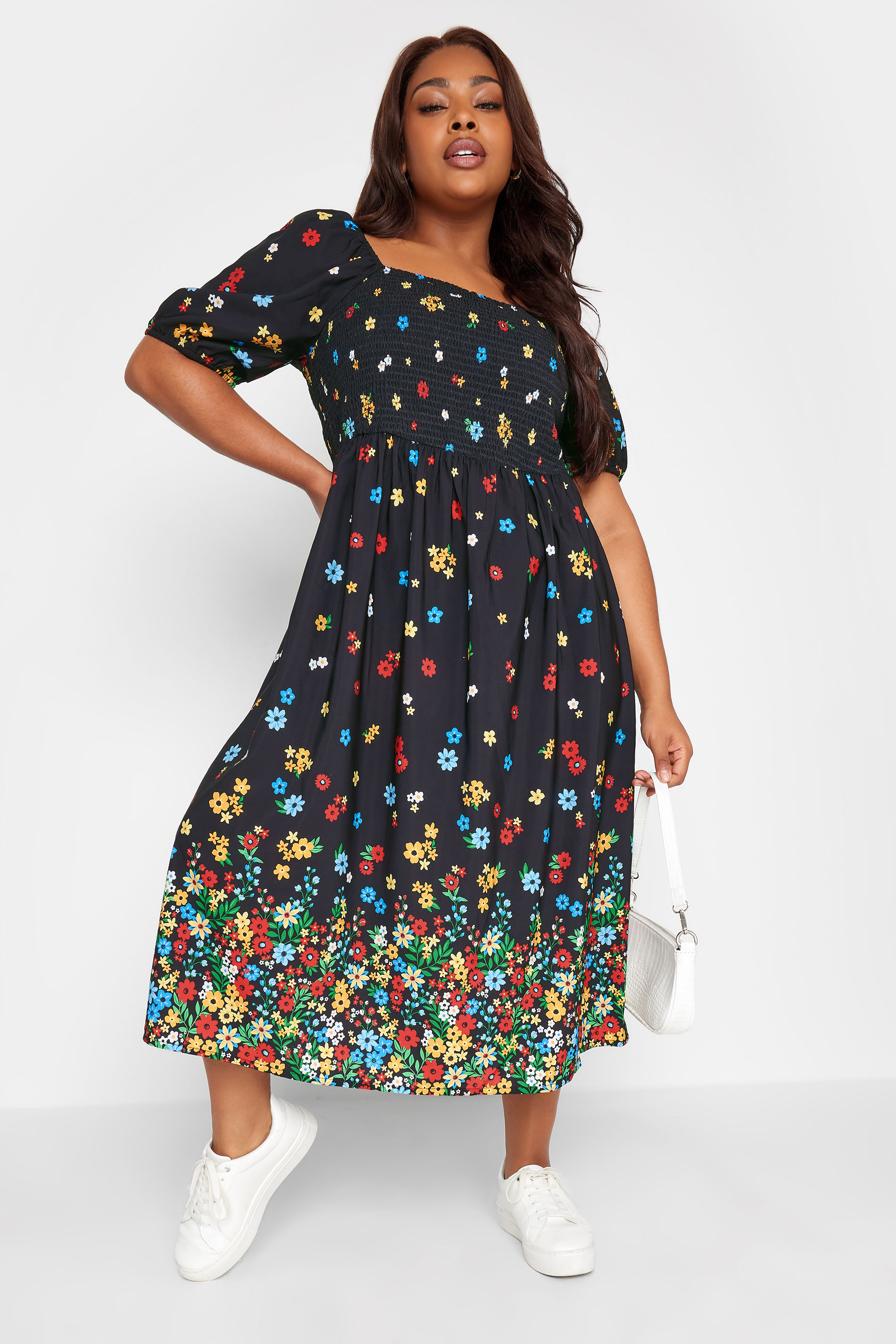 LIMITED COLLECTION Plus Size Black Floral Border Print Shirred Midi Dress | Yours Clothing 1