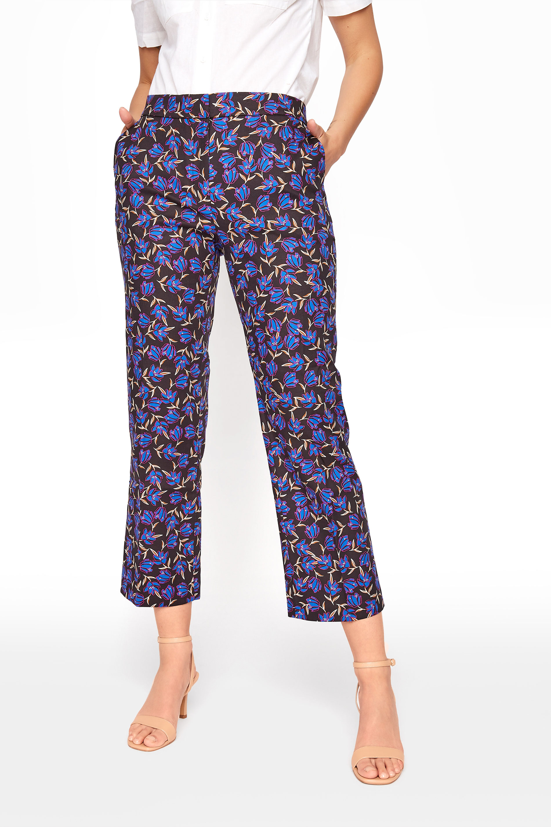 Purple Floral Print Cotton Sateen Ankle Grazer Trousers | Long Tall Sally