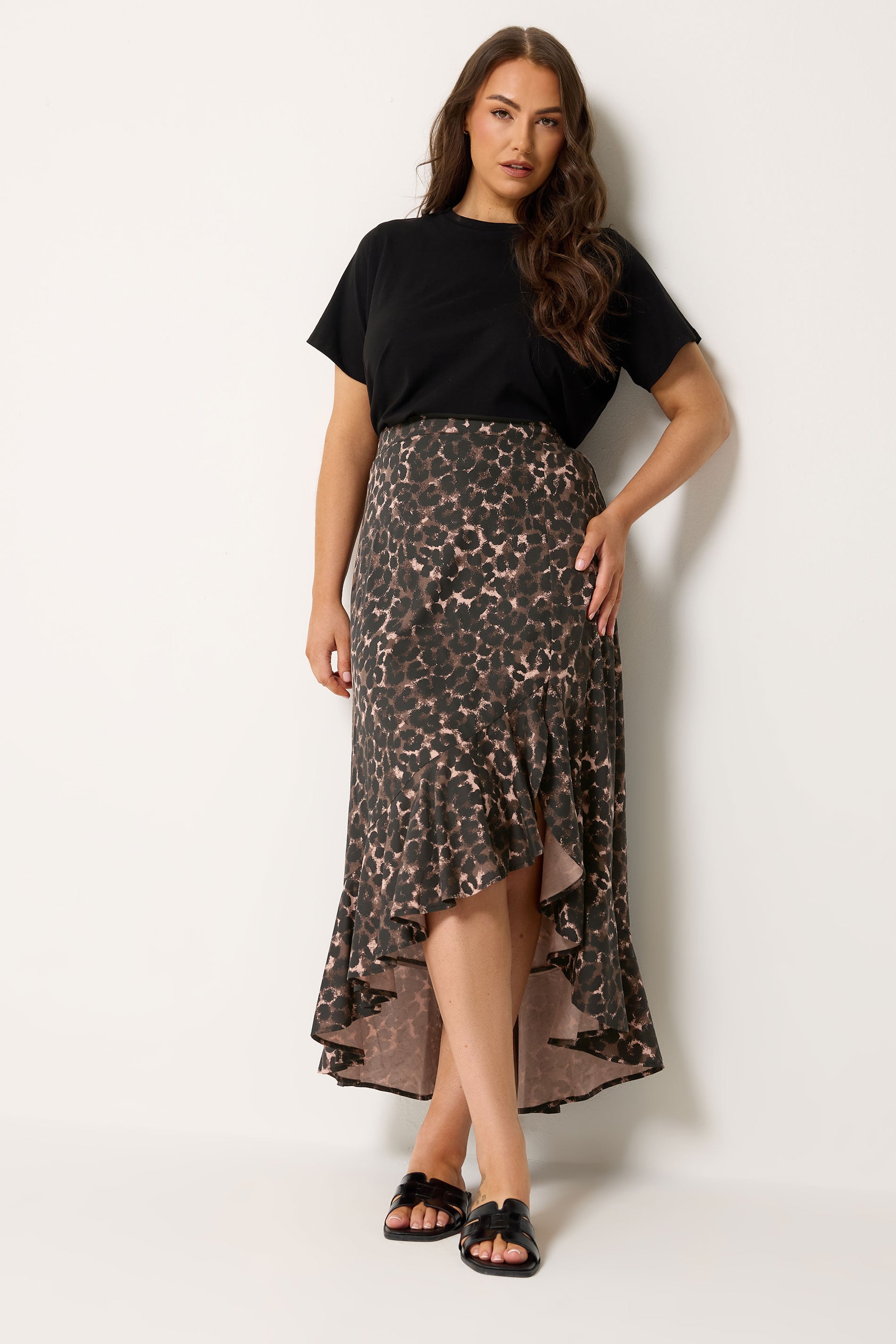 YOURS Plus Size Chocolate Brown Leopard Print Ruffle Skirt | Yours Clothing 3