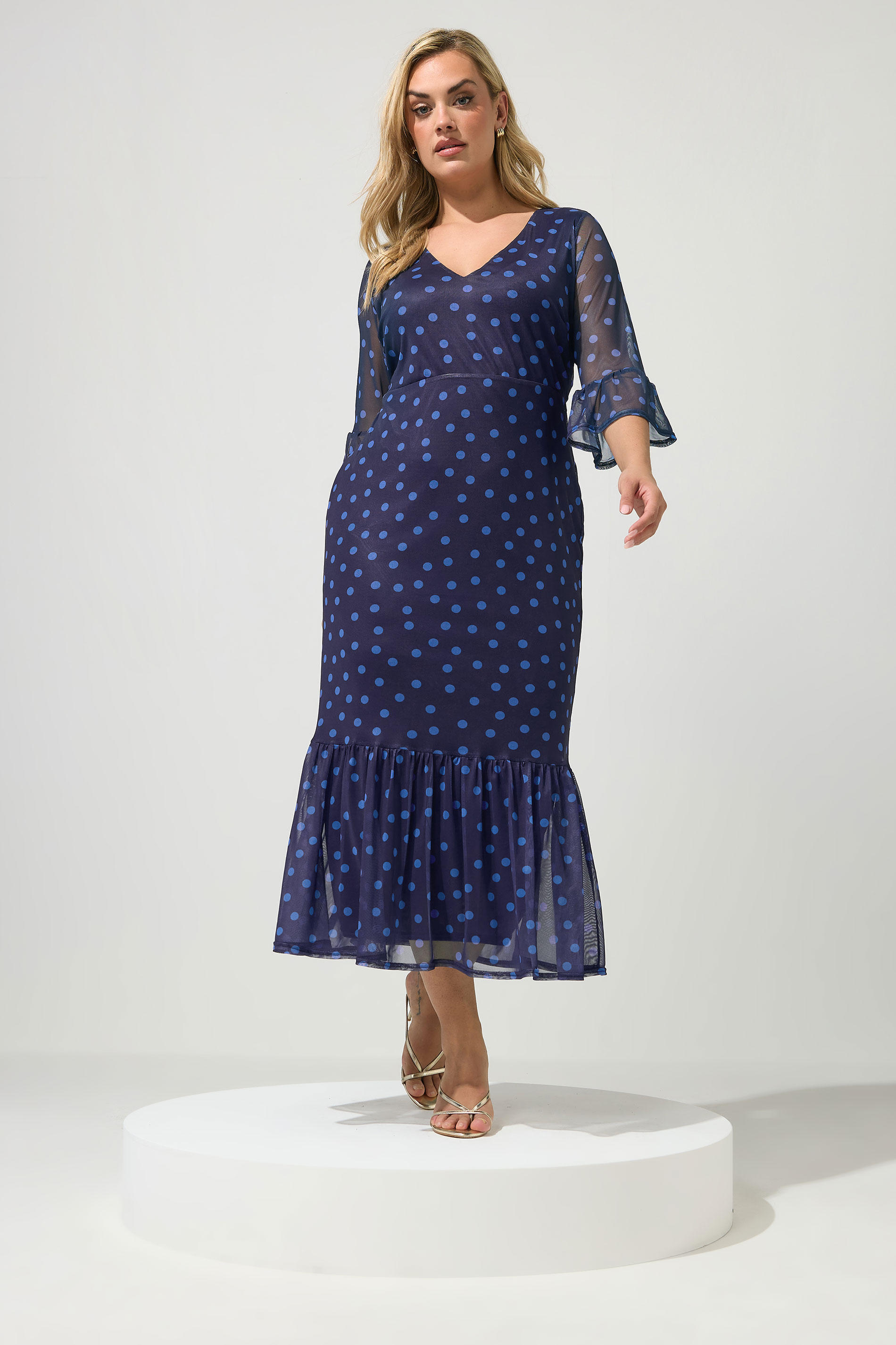 YOURS LONDON Plus Size Navy Blue Polka Dot Mesh Tiered Dress | Yours Clothing 3