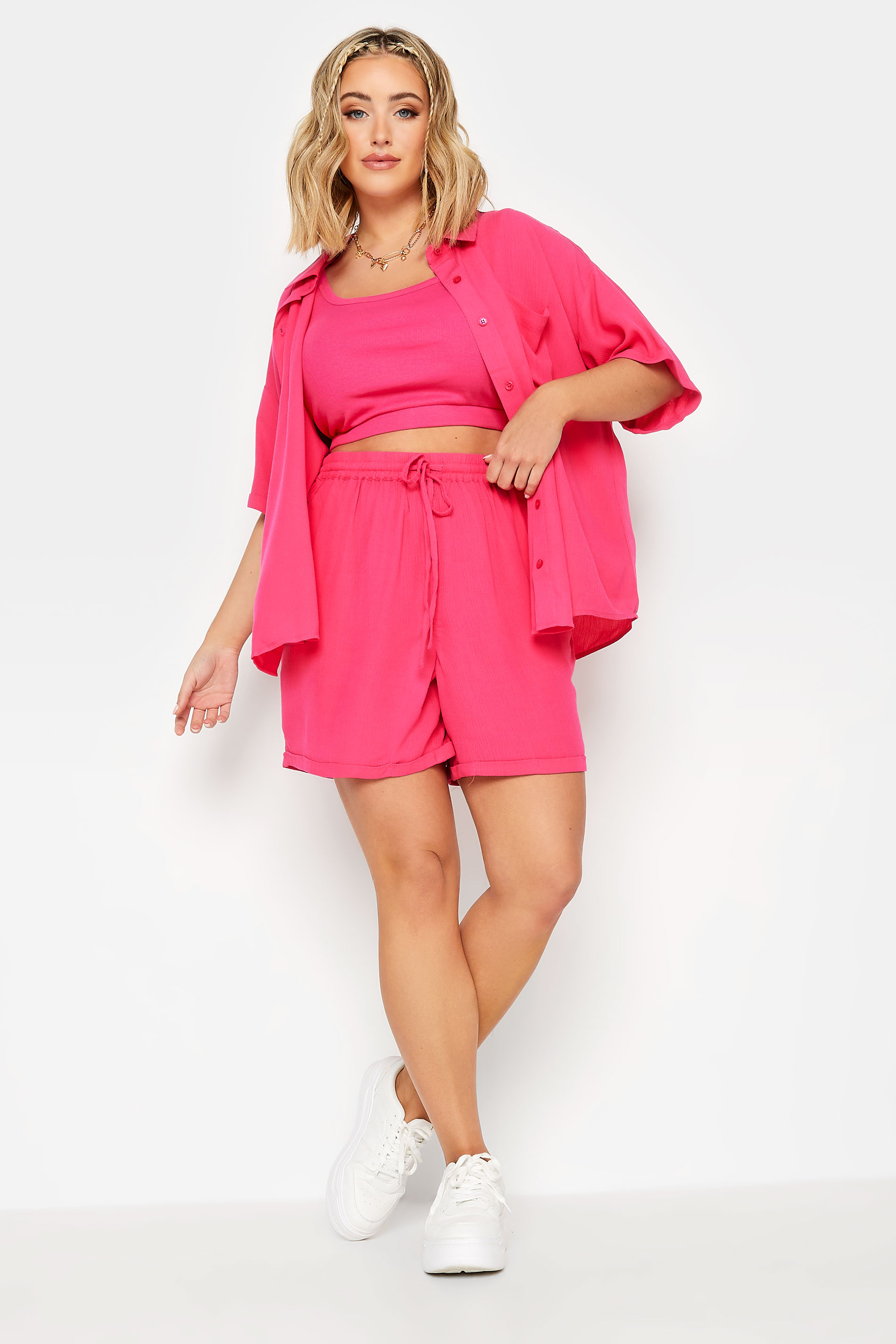 LIMITED COLLECTION Plus Size Curve Hot Pink Crinkle Shorts | Yours Clothing  1