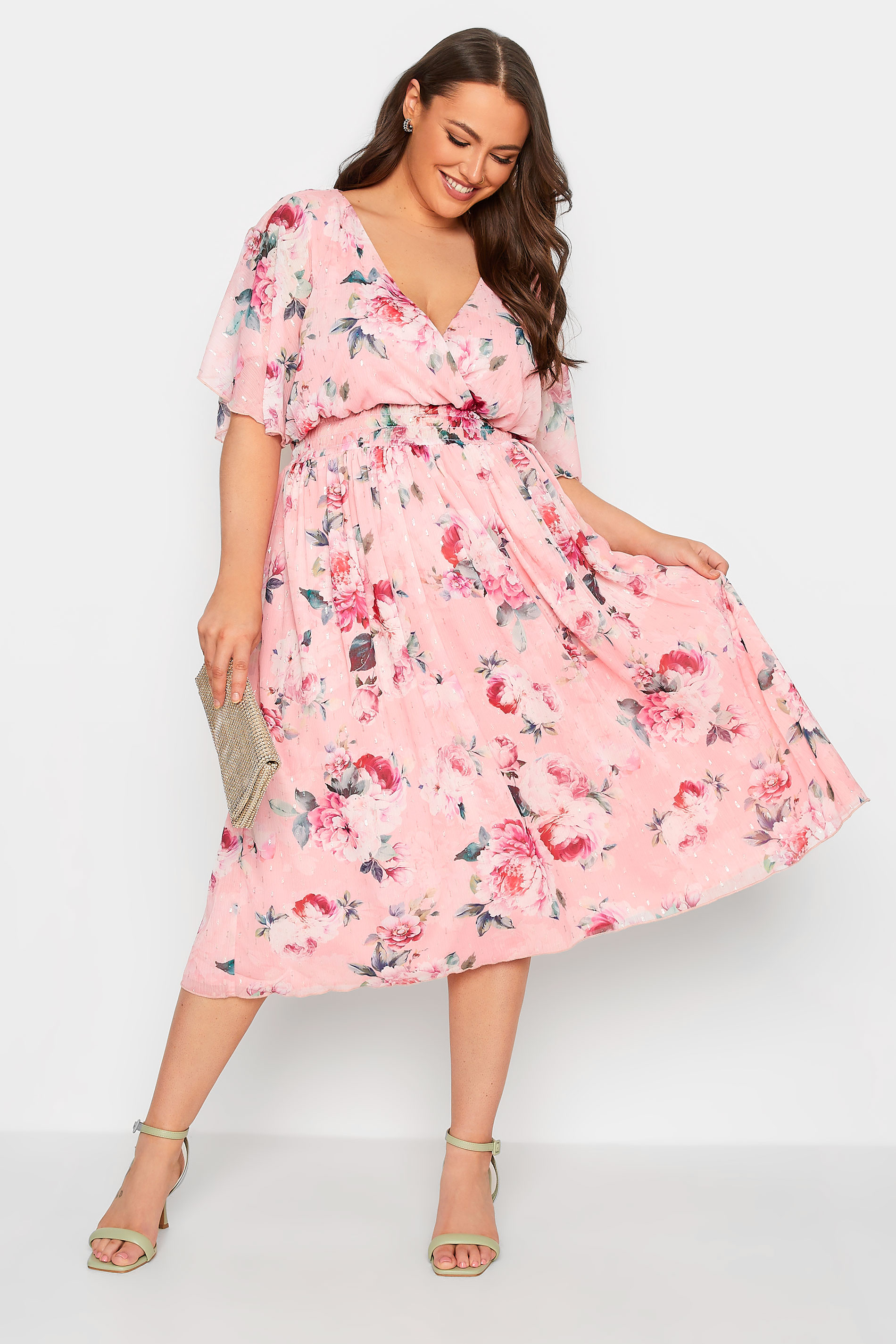 YOURS LONDON Plus Size Curve Pink Angel Sleeve Floral Shirred Dress | Yours Clothing  1
