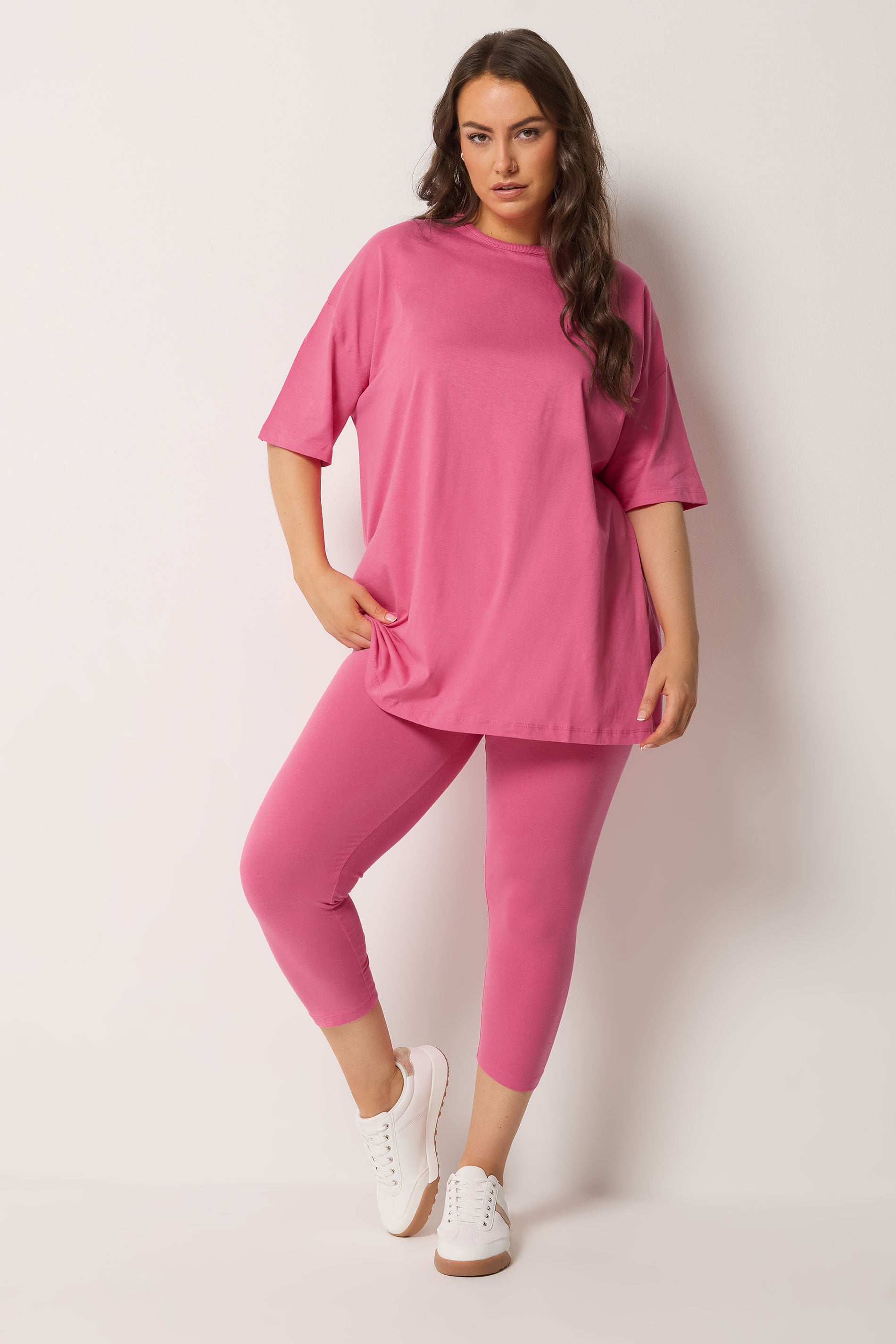 YOURS Plus Size Pink Elasticated Waist Cropped Leggings | Yours Clothing 2