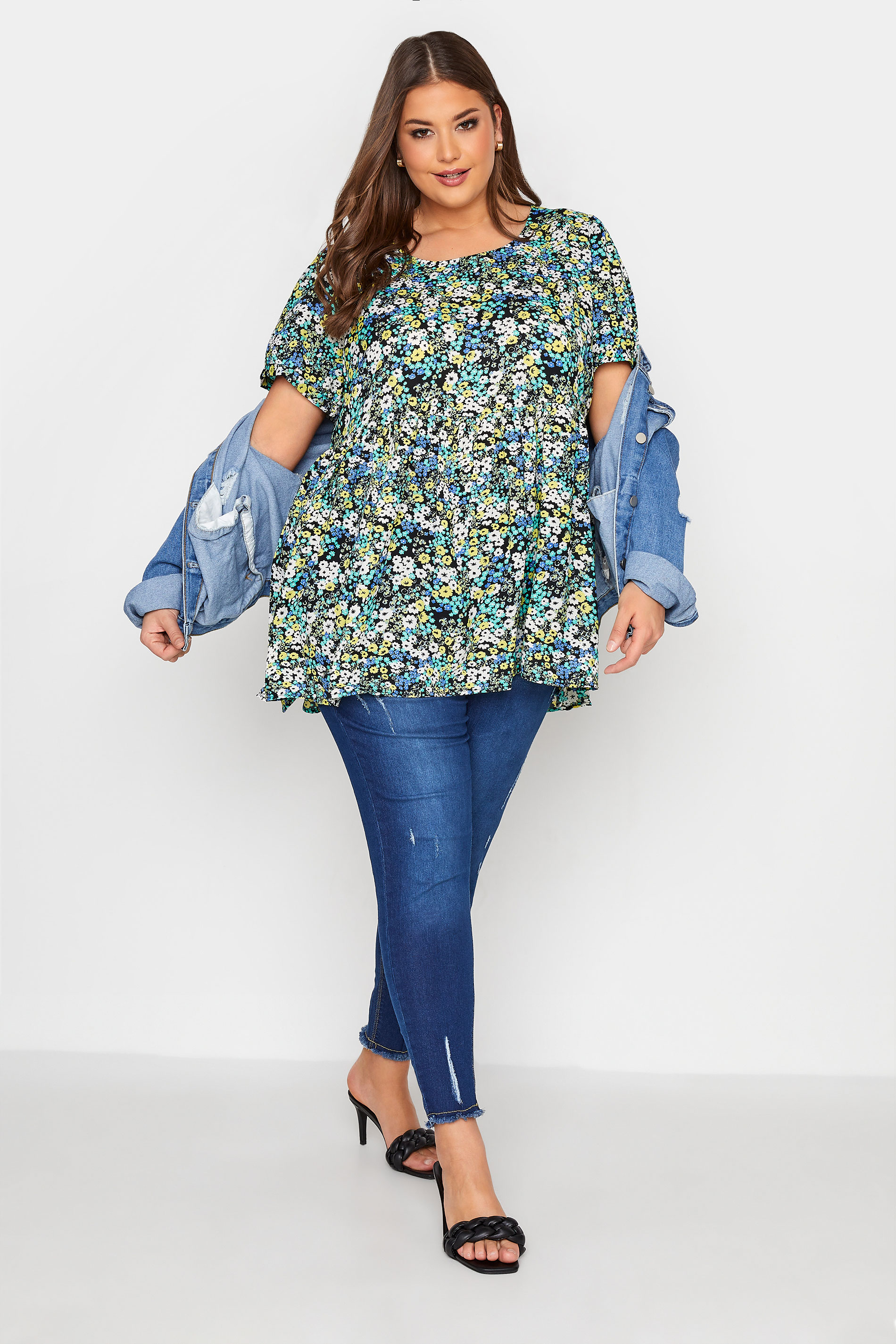 Grande taille  Tops Grande taille  Tops Jersey | Top Vert Imprimé Floral Manches Bouffantes - YD02149
