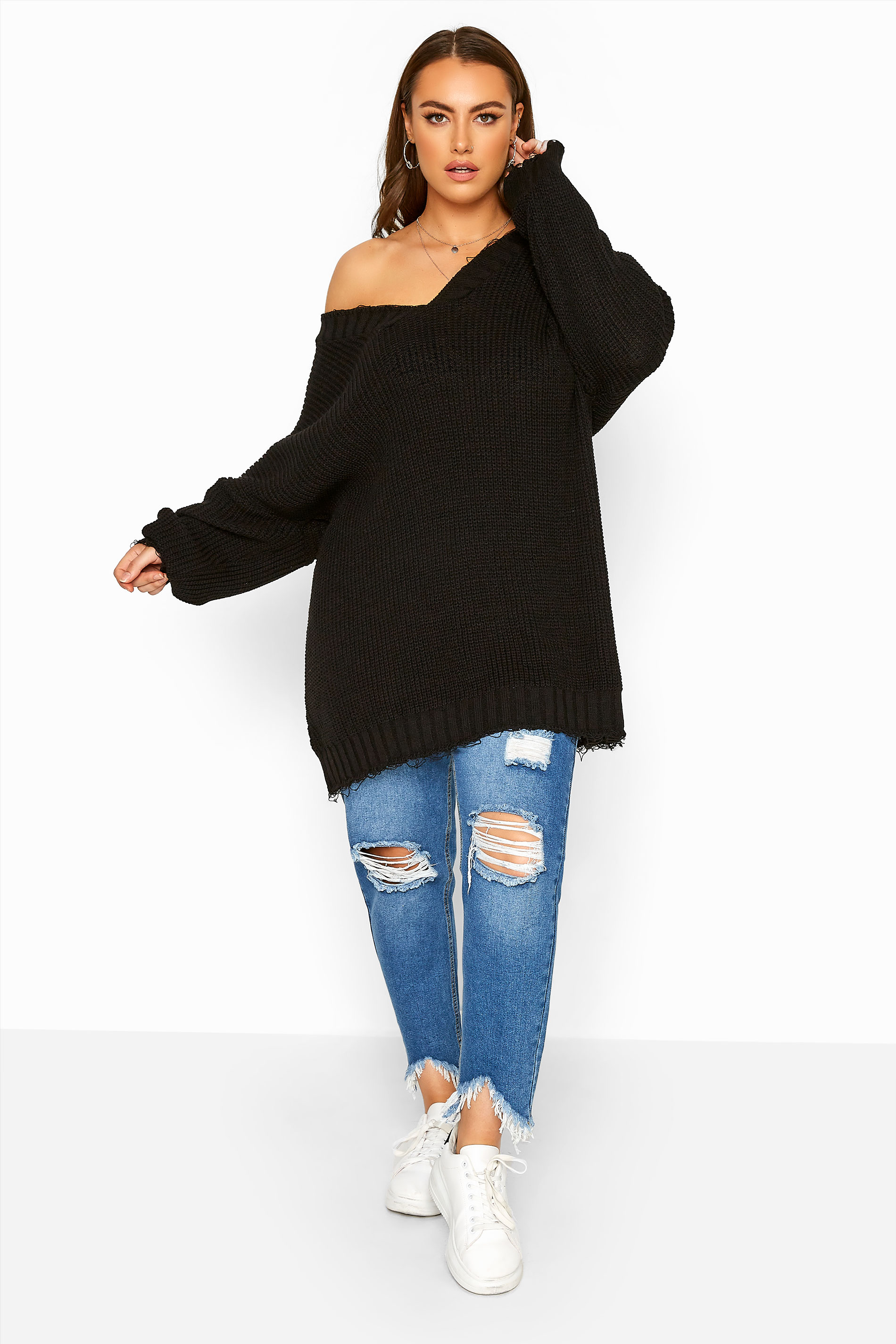 Black Distressed Oversized Knitted Jumper | Yours Clothing