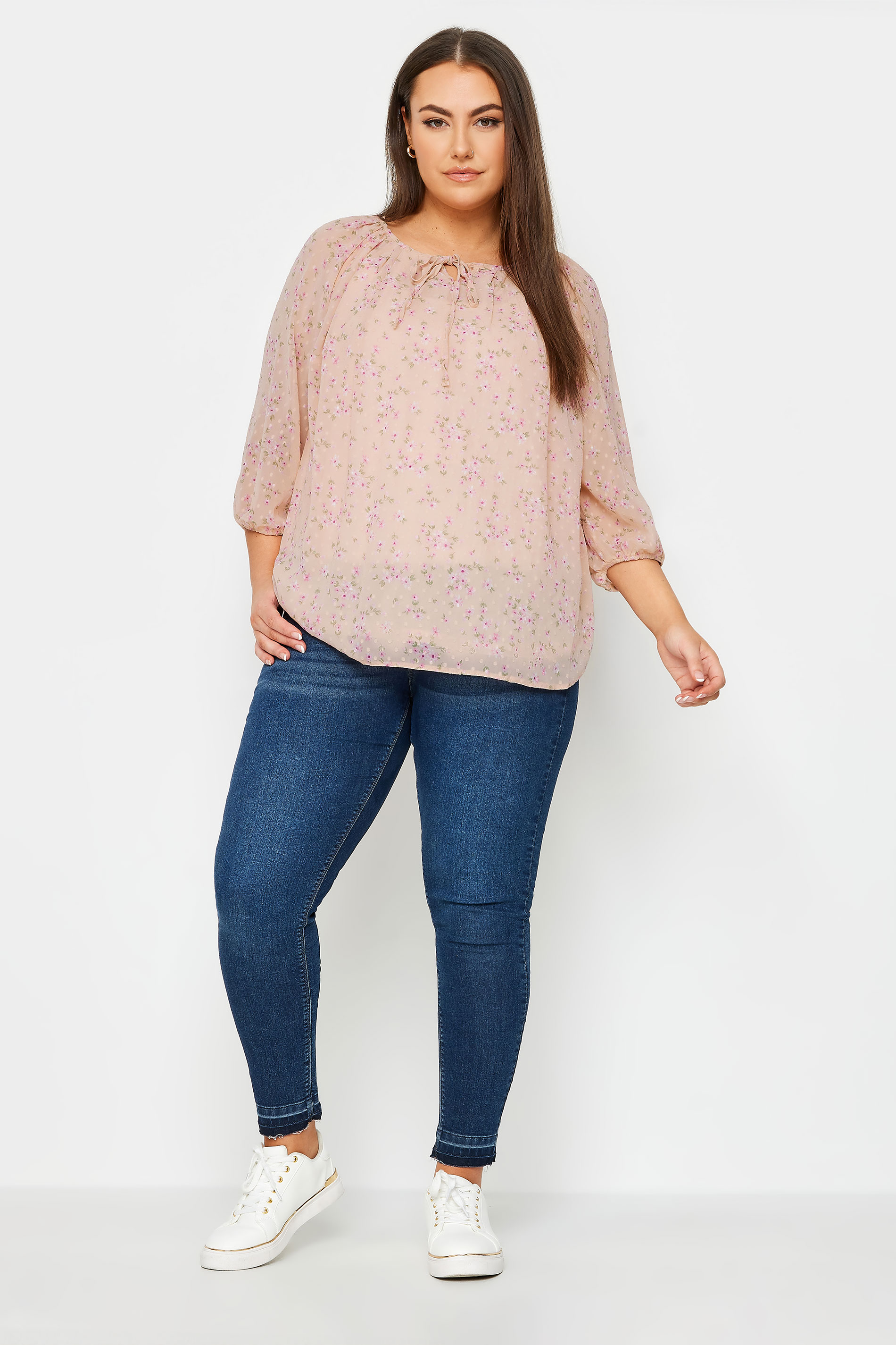 YOURS Plus Size Pink Floral Print Tie Neck Blouse | Yours Clothing 2