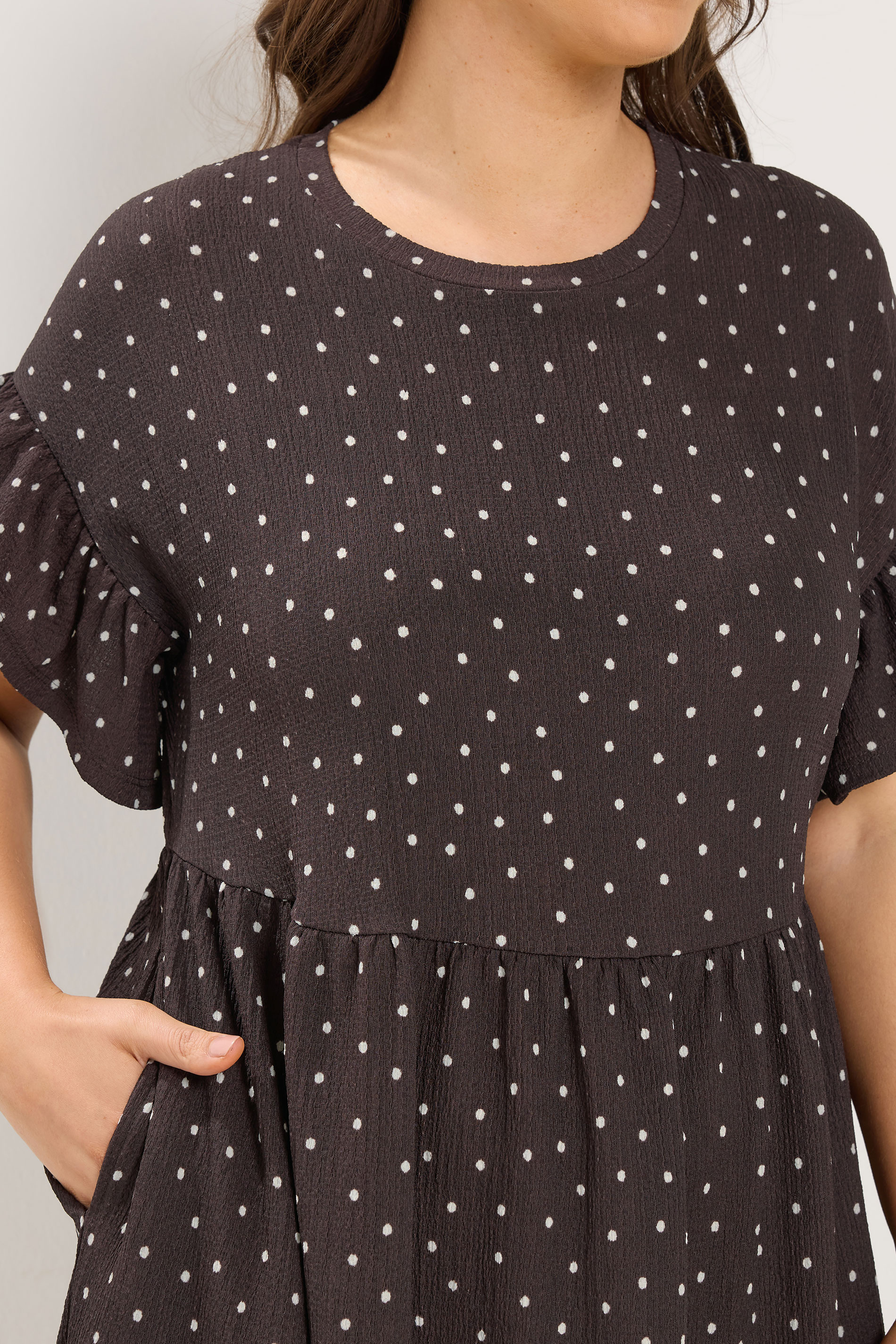 YOURS Plus Size Chocolate Brown Polka Dot Frill Sleeve Midi Dress | Yours Clothing 4