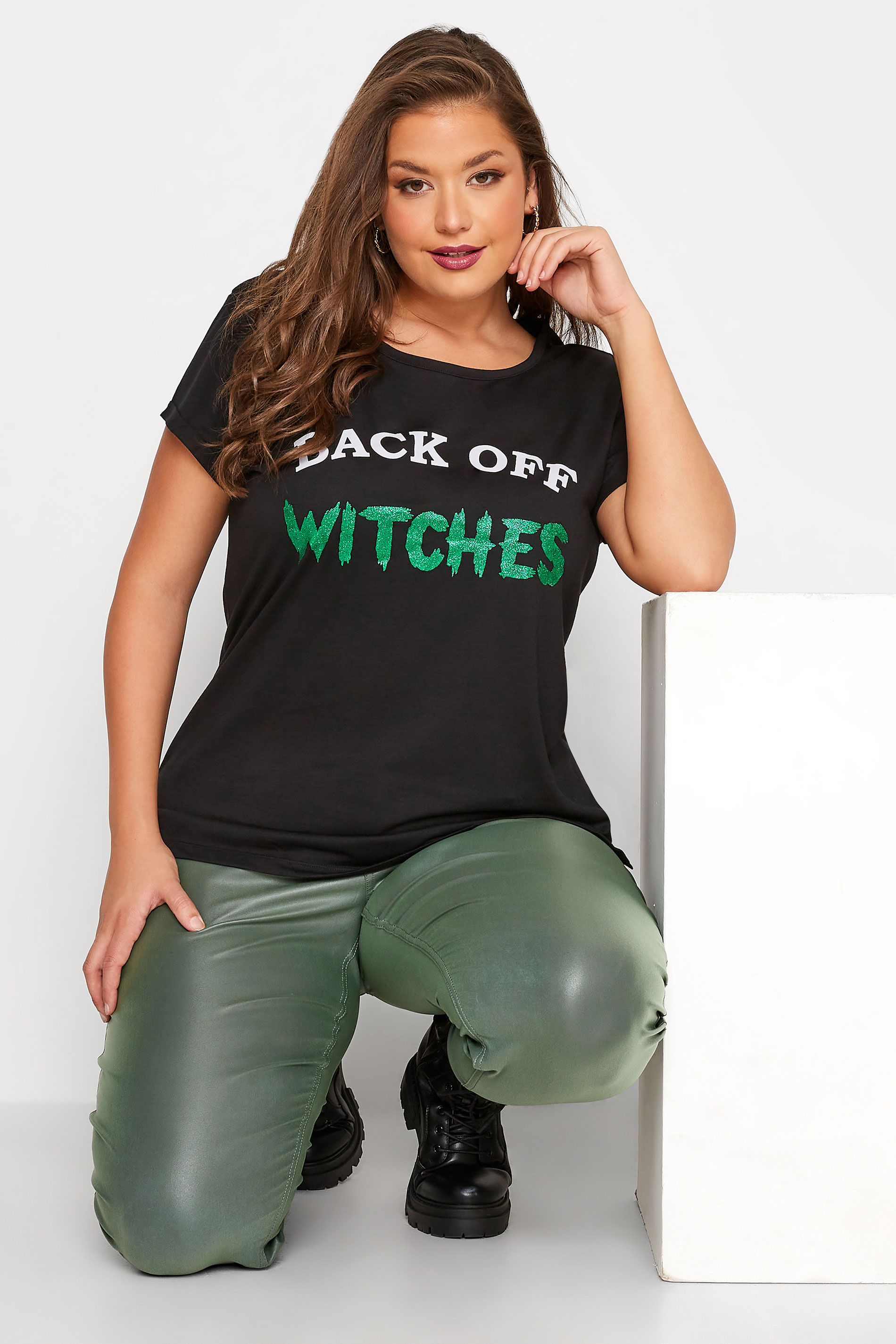 Plus Size Black 'Back Off Witches' Halloween T-Shirt | Yours Clothing 1