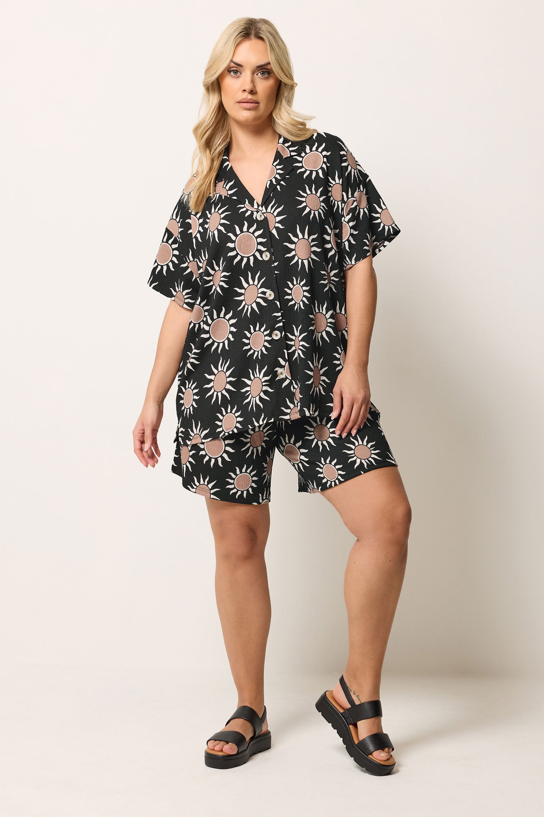 YOURS Plus Size Black Sun Print Crinkle Shirt | Yours Clothing 1