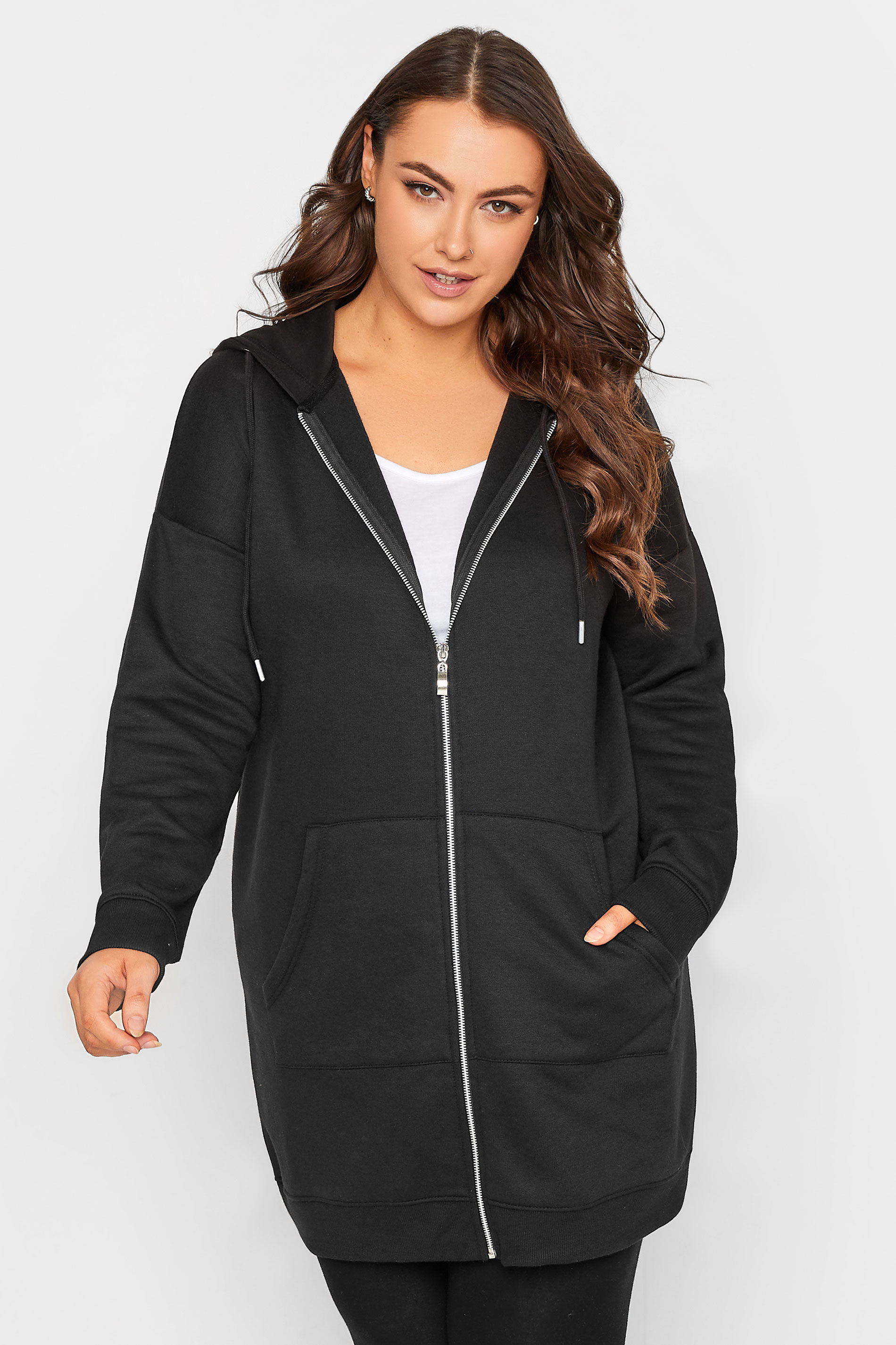 YOURS Plus Size Black Longline Zip Hoodie | Yours Clothing 1