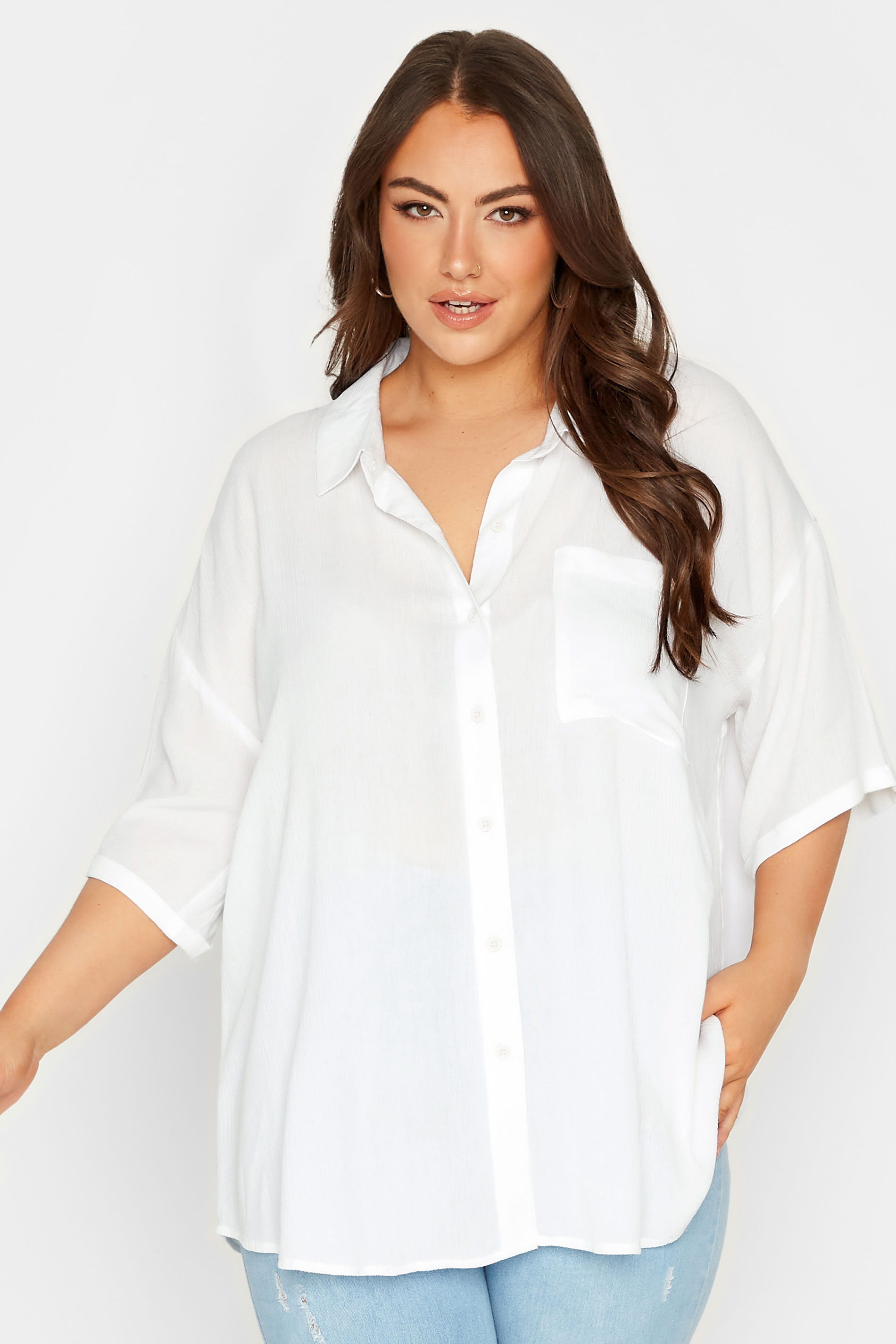 YOURS Curve White Short Sleeve Crinkle Shirt | Yours Clothing 1