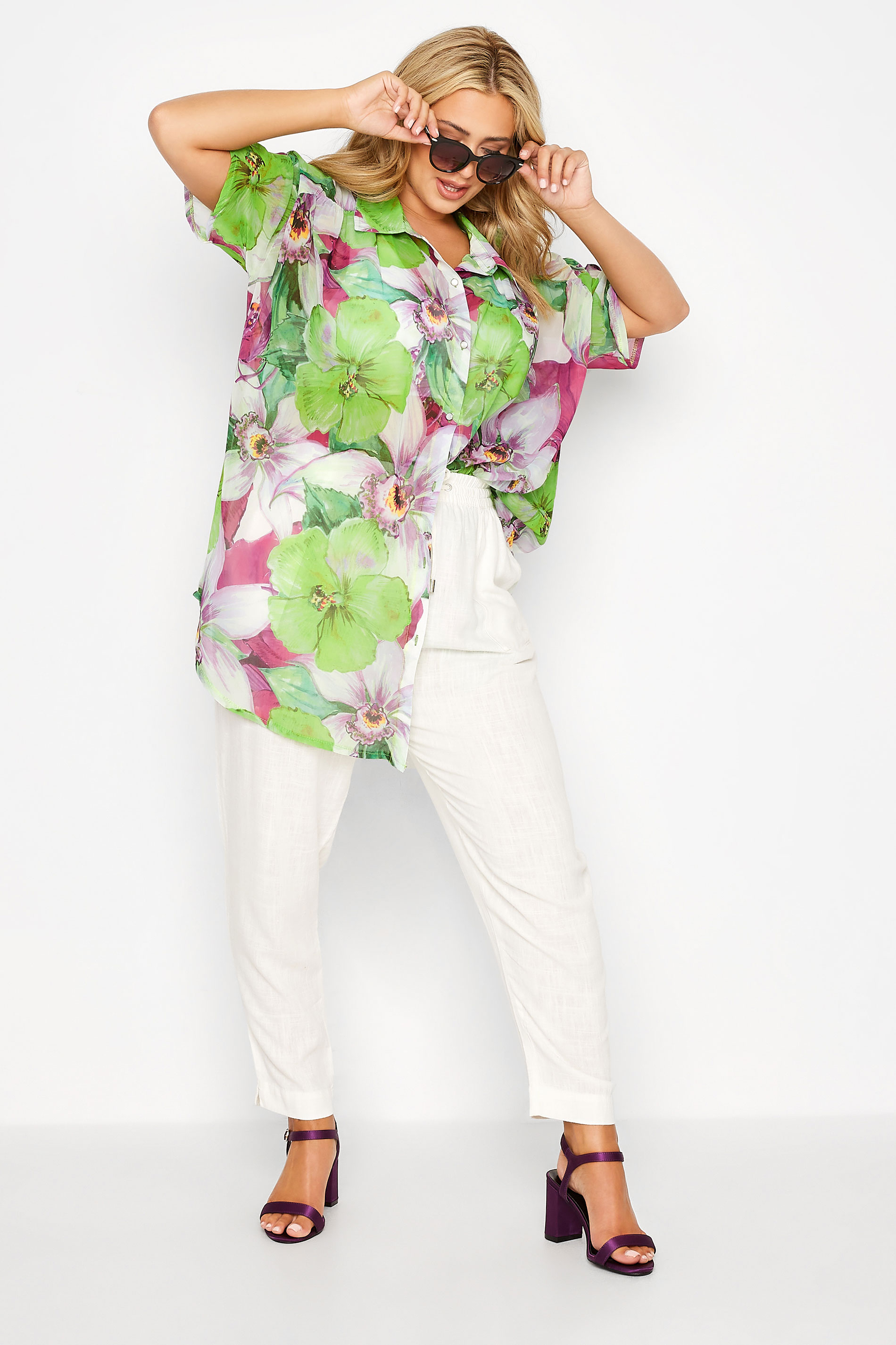 Plus Size Green Floral Button Down Shirt | Yours Clothing 3