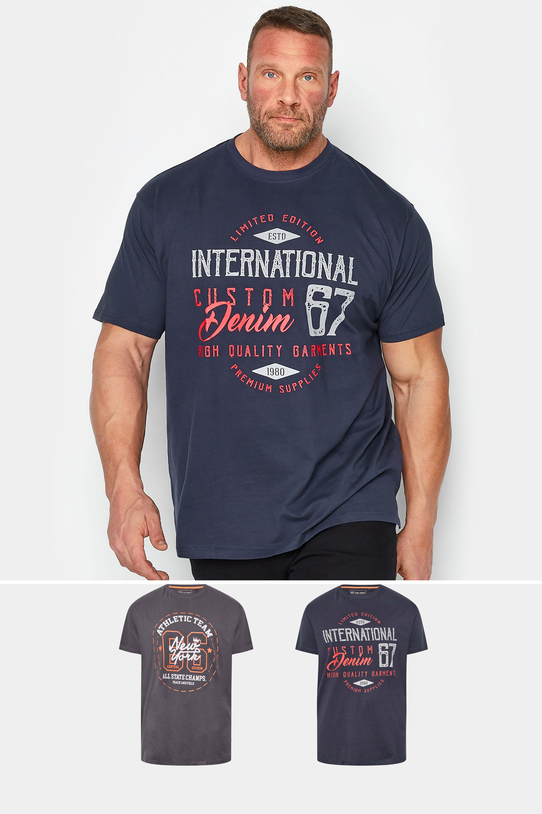KAM Big & Tall 2 PACK Navy Blue & Grey Athletic Graphic Print T-Shirts 1