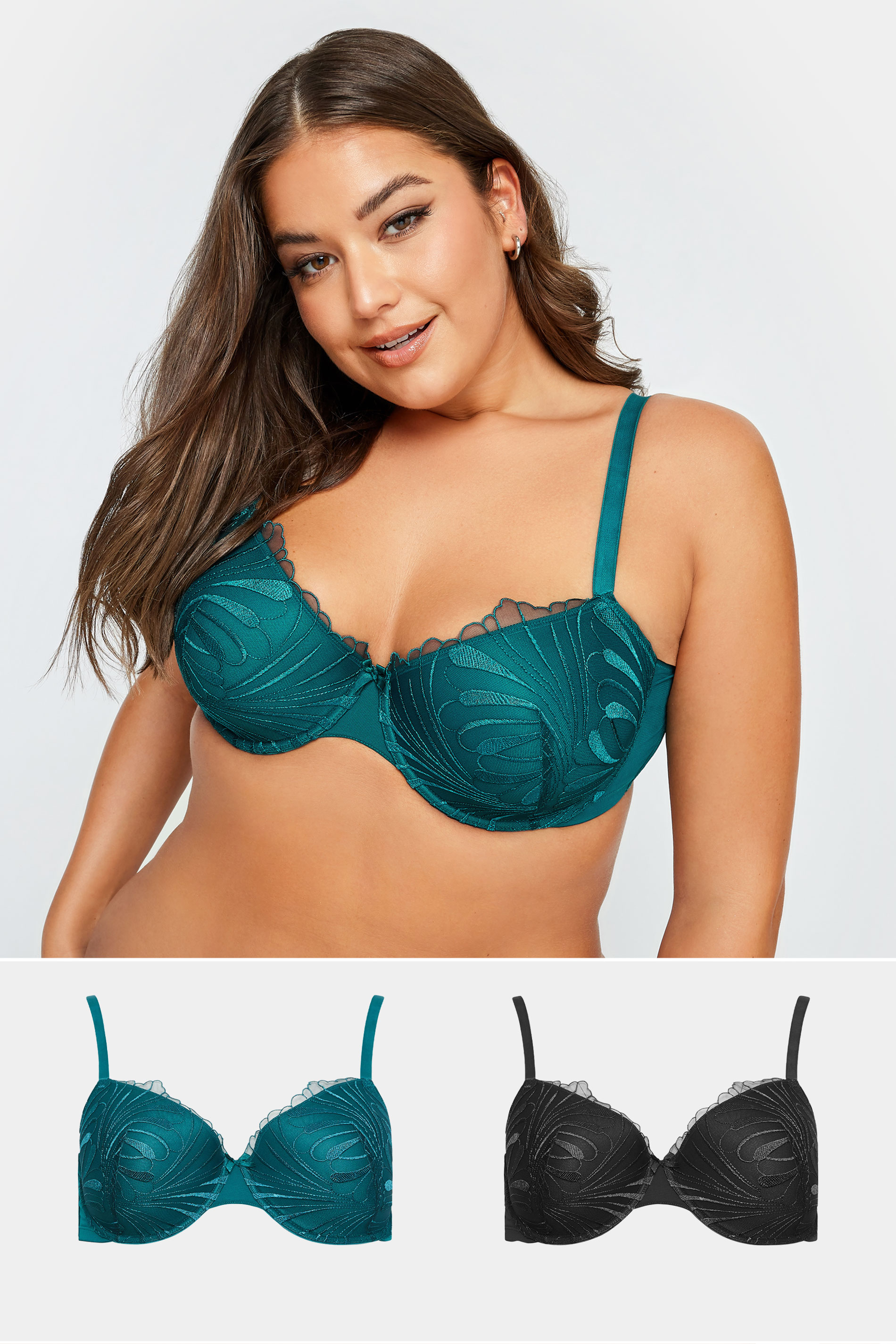 YOURS 2 PACK Black & Green Leaf Embossed T-Shirt Bras | Yours Clothing 1
