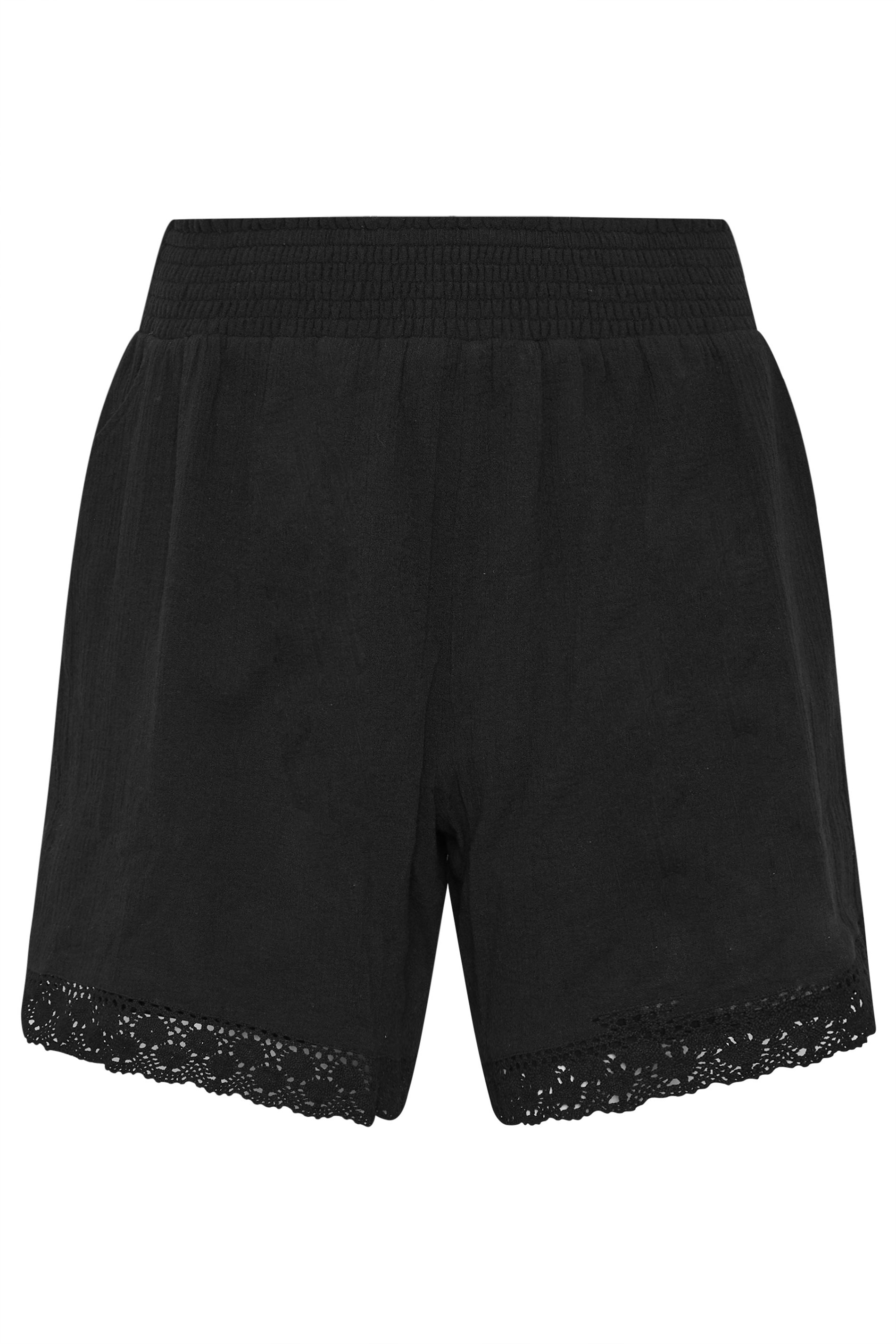 YOURS Plus Size Black Crochet Shirred Shorts | Yours Clothing 5