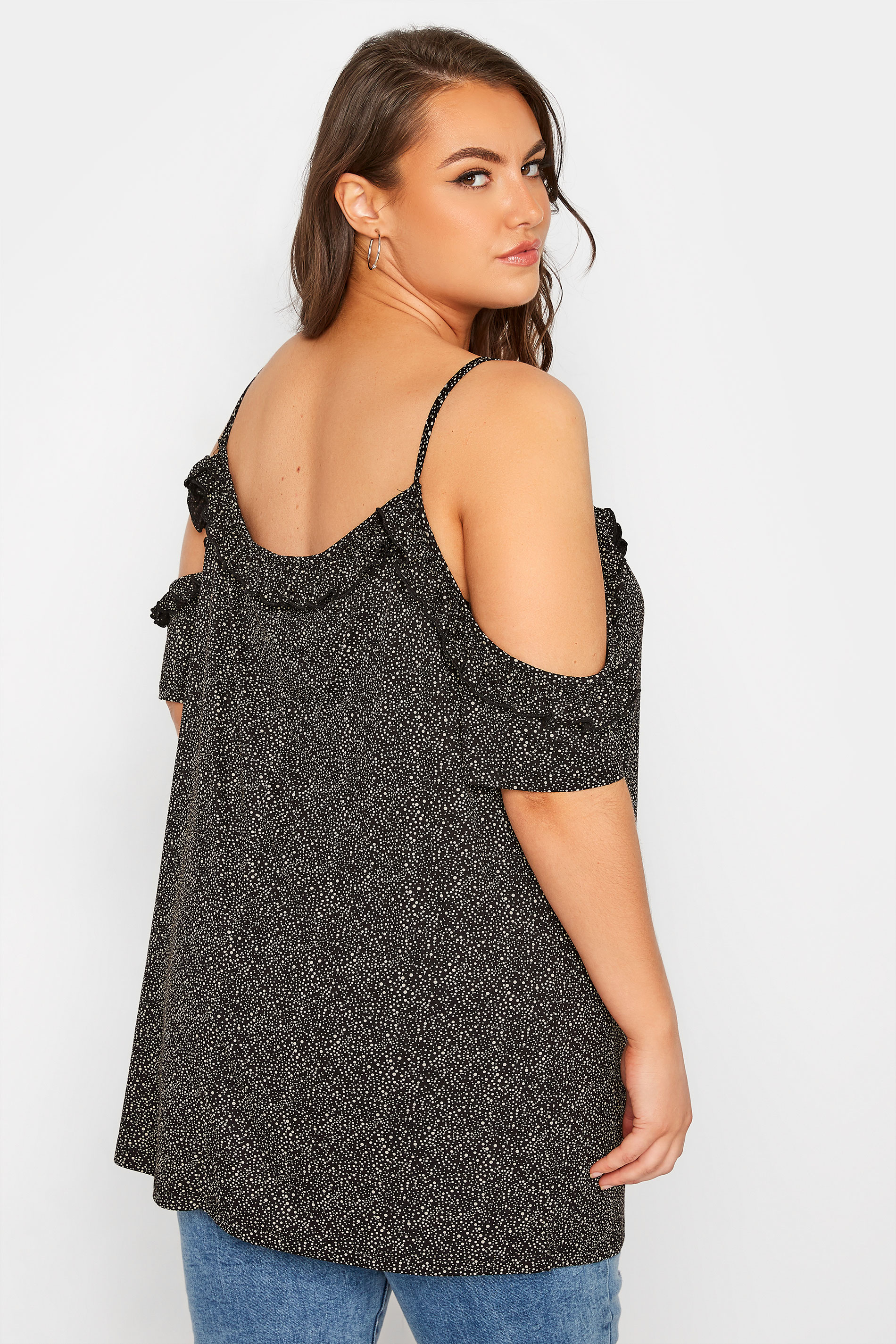 Plus Size Black Spot Print Frill Cold Shoulder Top | Yours Clothing  3