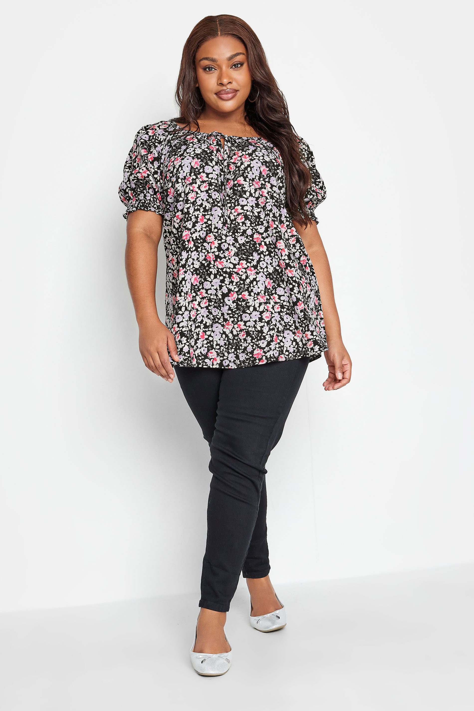 YOURS Plus Size Black & Pink Floral Print Gypsy Top | Yours Clothing 2