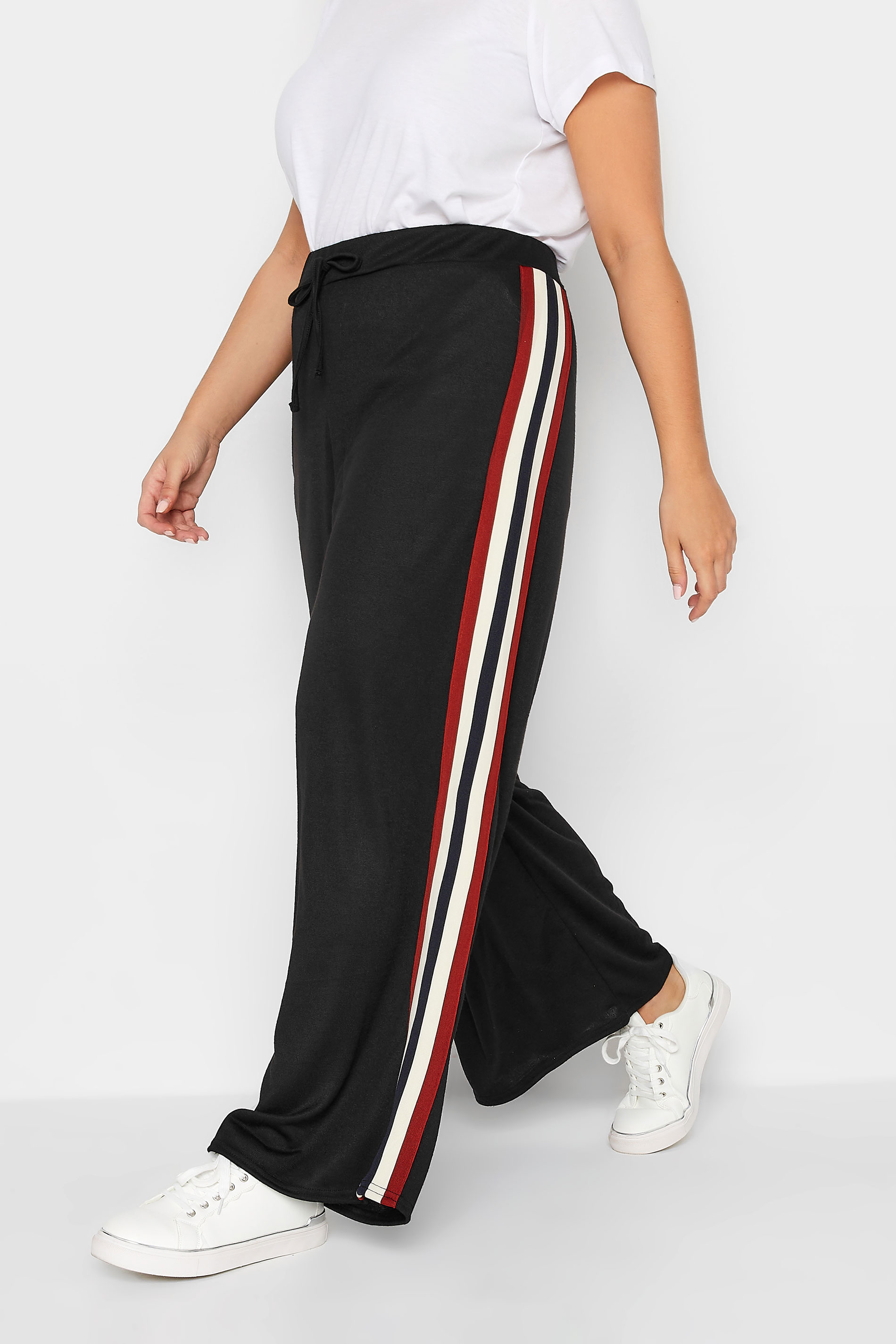 YOURS PETITE Curve Plus Size Black Side Stripe Knitted Wide Leg Trousers | Yours Clothing  1