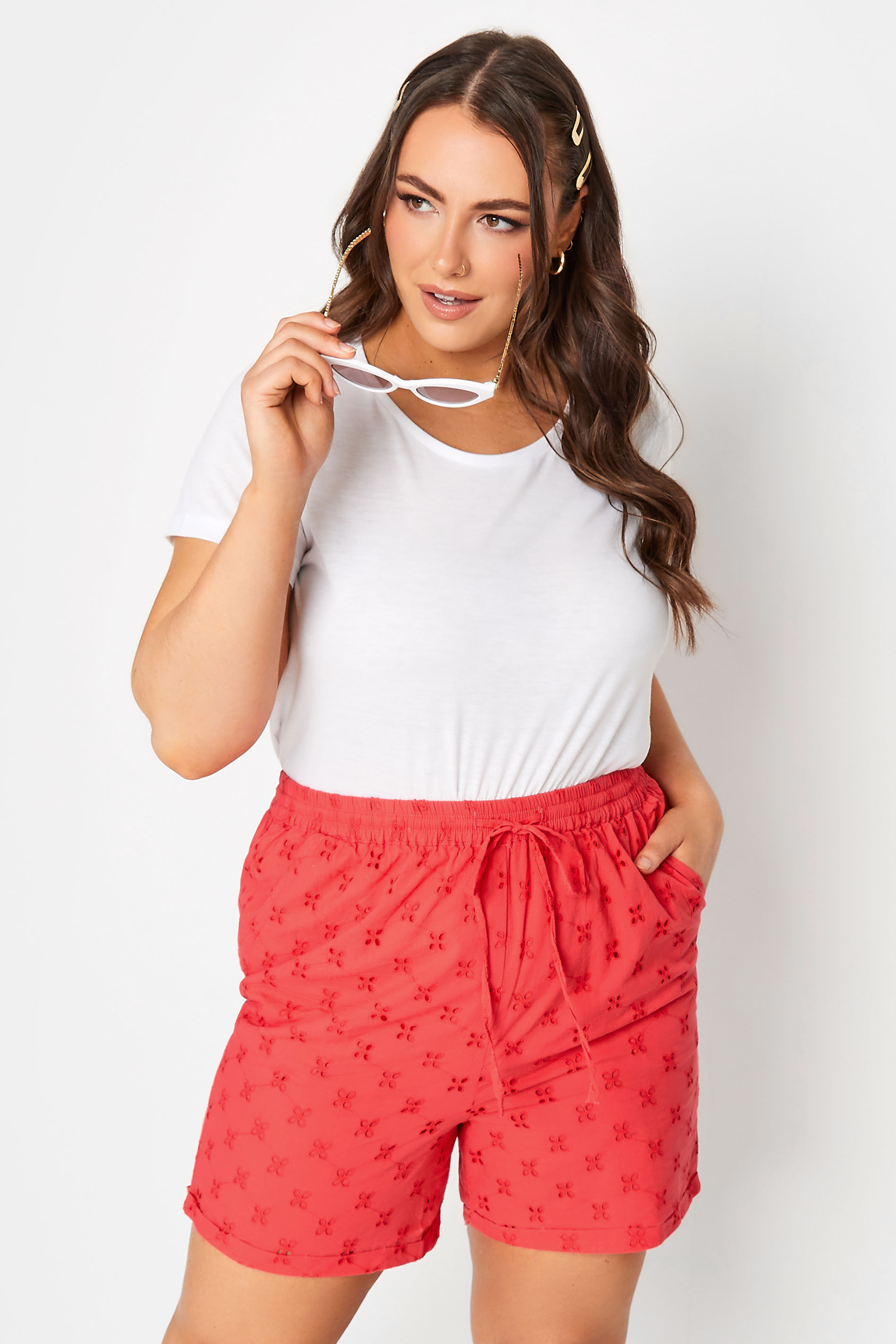LIMITED COLLECTION Plus Size Coral Orange Broderie Anglaise Shorts | Yours Clothing 1