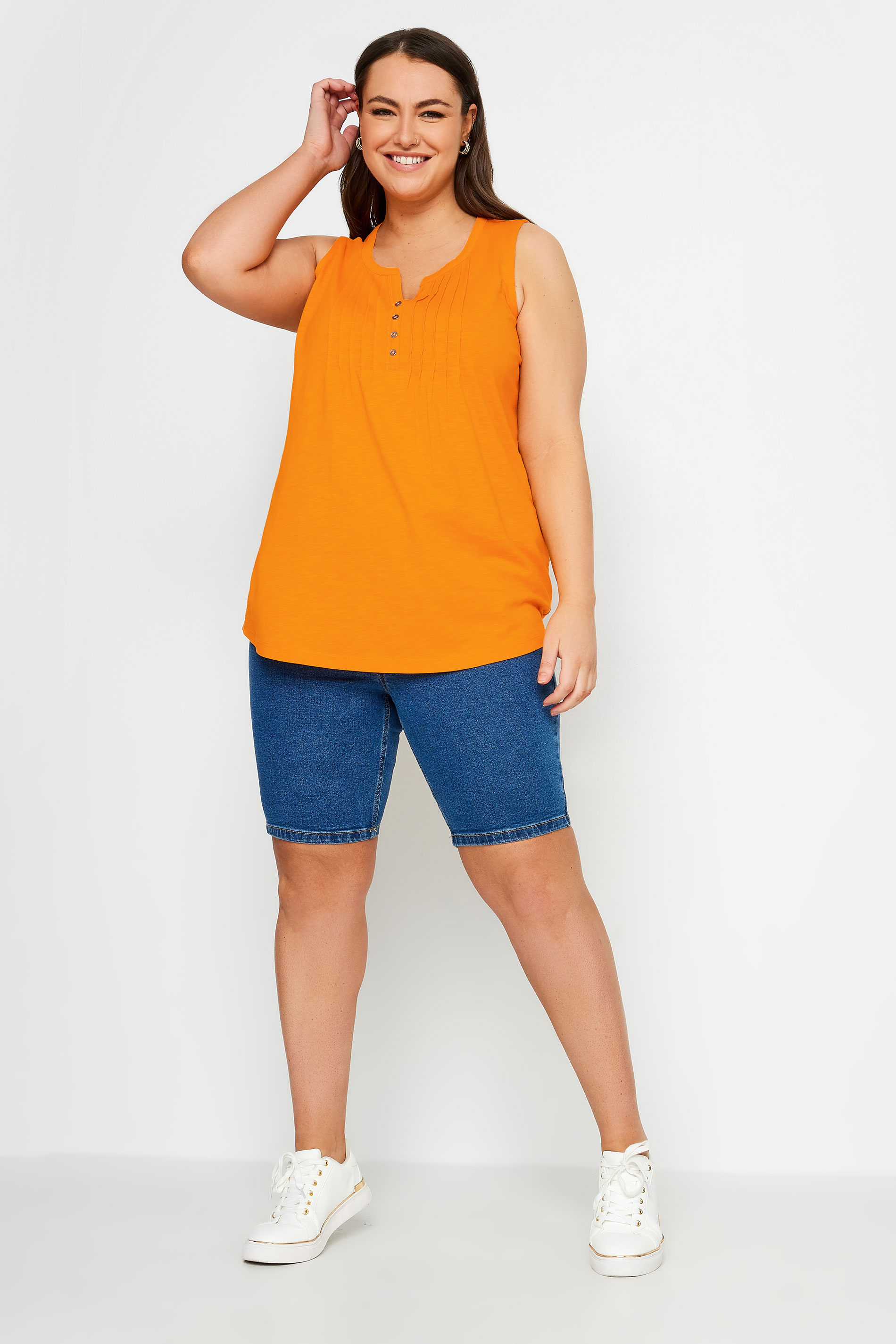 YOURS Plus Size Orange Pintuck Henley Vest Top | Yours Clothing 2