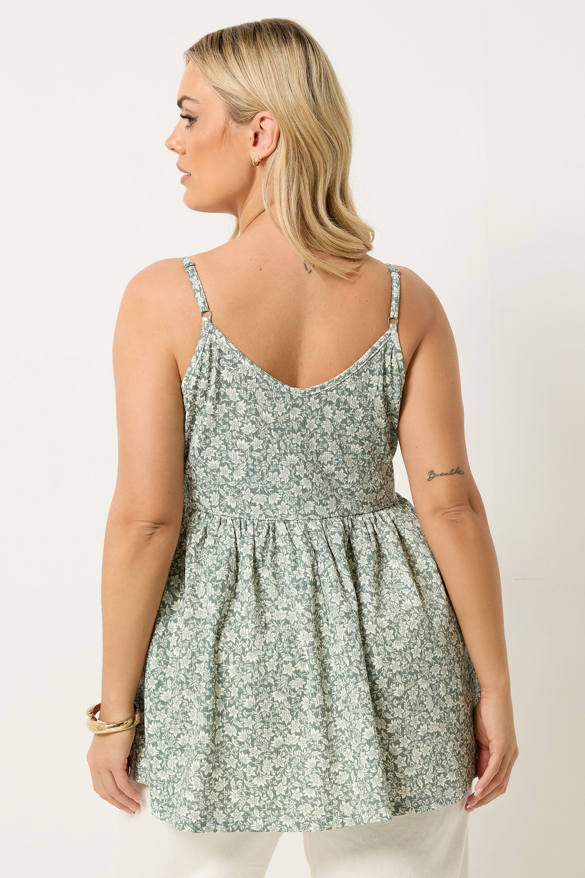 YOURS Plus Size Sage Green Floral Peplum Vest Top | Yours Clothing 2