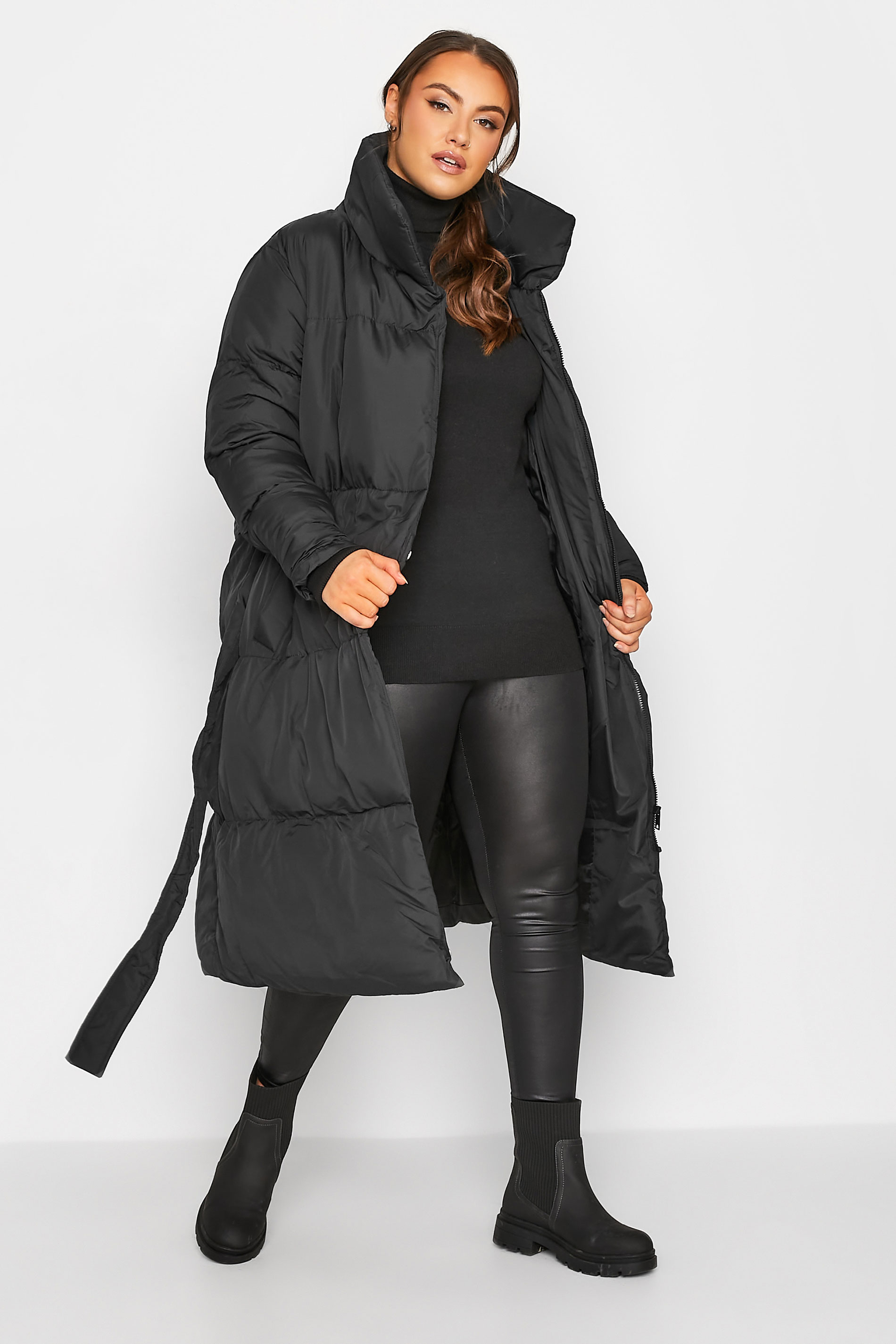 Plus Size Black Belted Wrap Puffer Coat | Yours Clothing 3