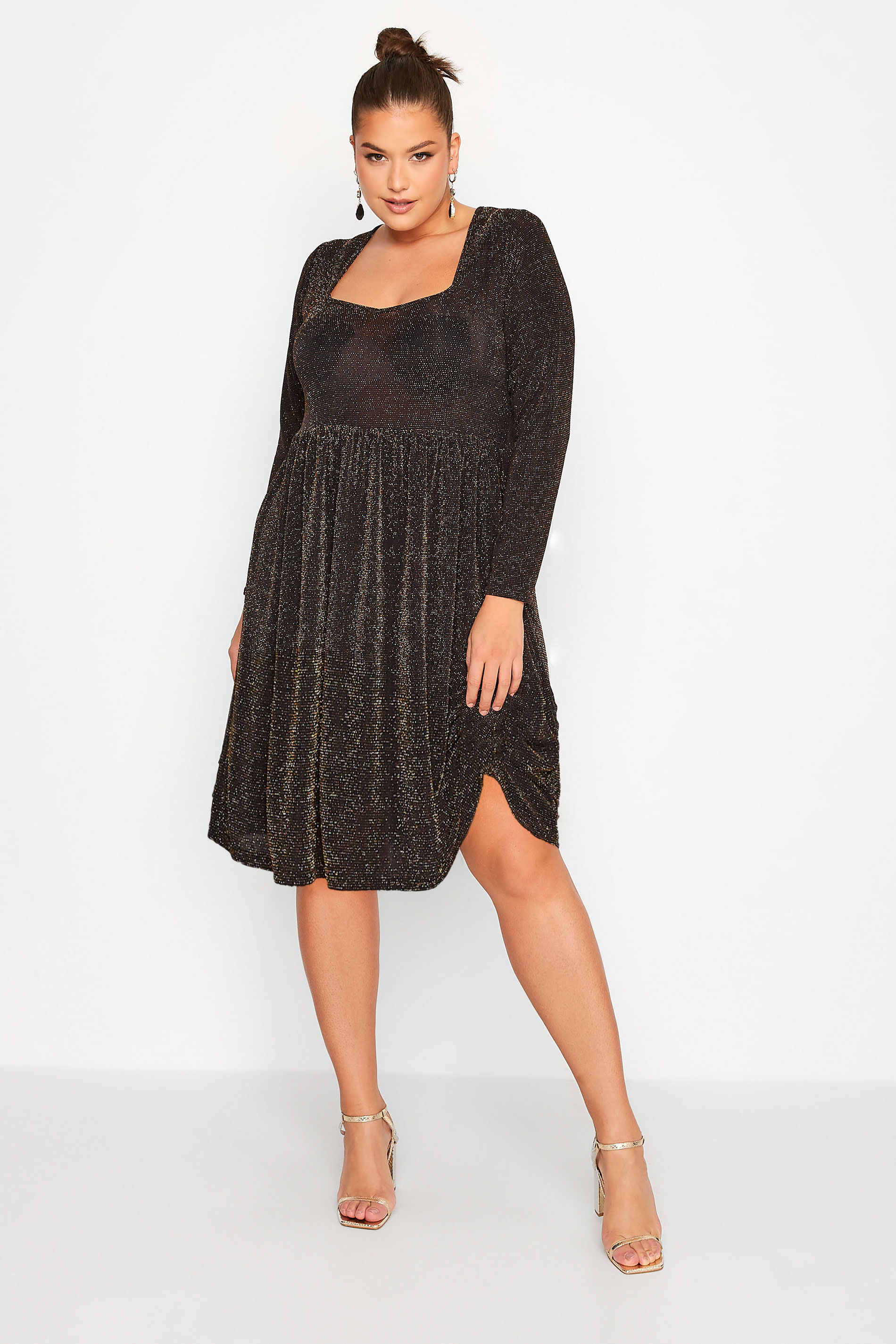 LIMITED COLLECTION Plus Size Black & Gold Glitter Sweetheart Neck Dress | Yours Clothing 1