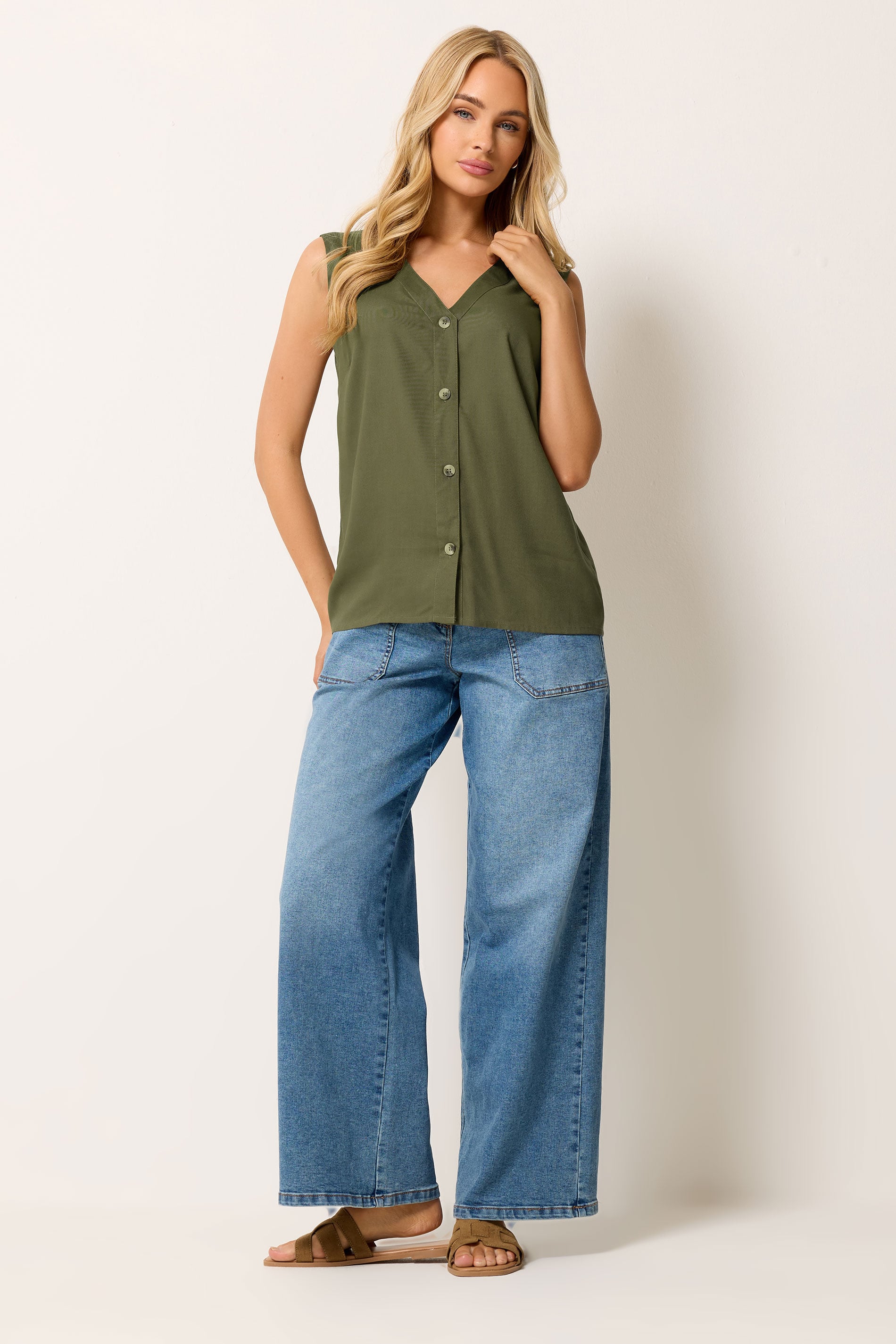M&Co Khaki Green Sleeveless Button Through Top | M&Co 1