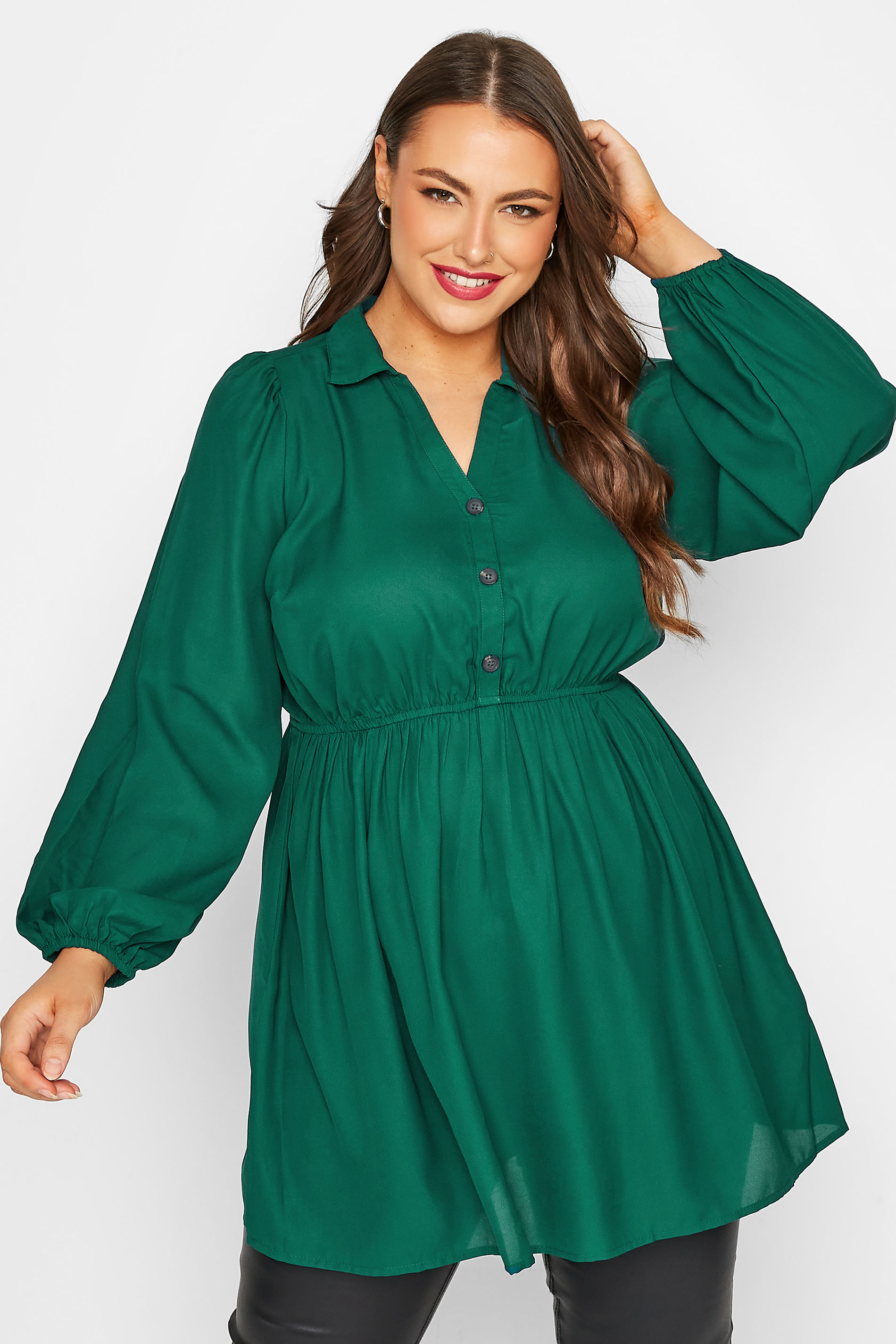 LIMITED COLLECTION Plus Size Curve Forest Green Peplum Shirt | Yours Clothing 1
