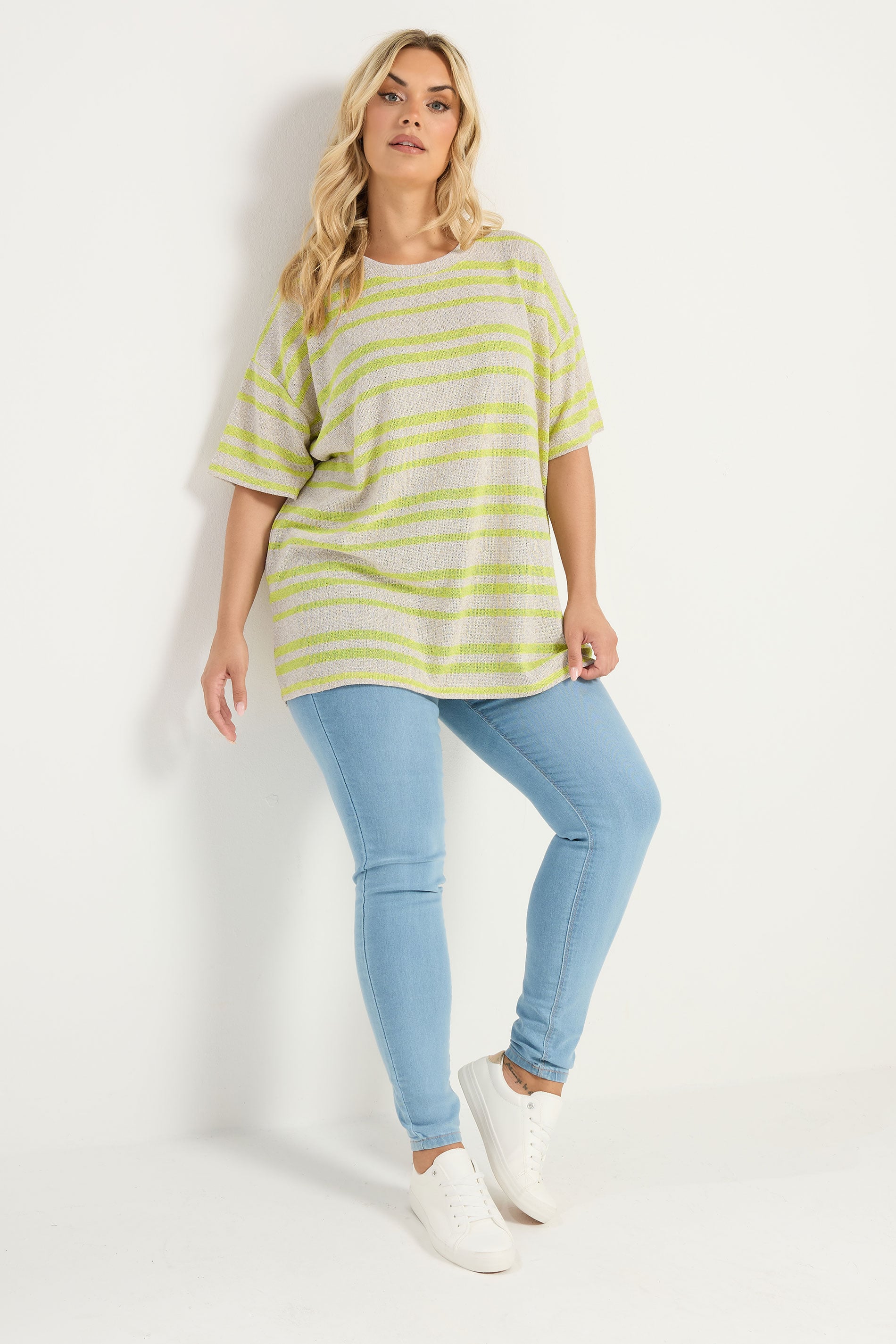 YOURS Plus Size Women's Green Striped Knitted Boxy T-Shirt | Yours Clothing 2