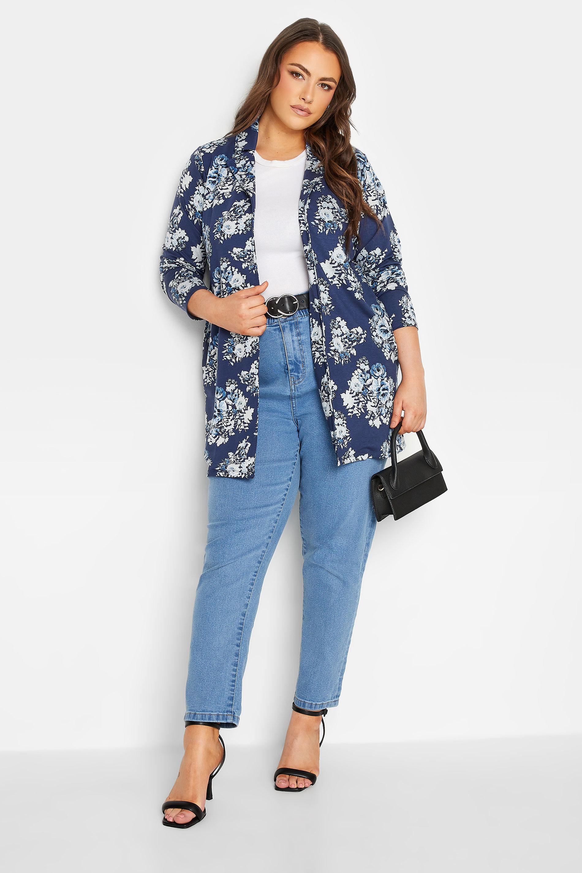 Plus Size Navy Blue Floral Longline Blazer | Yours Clothing 2