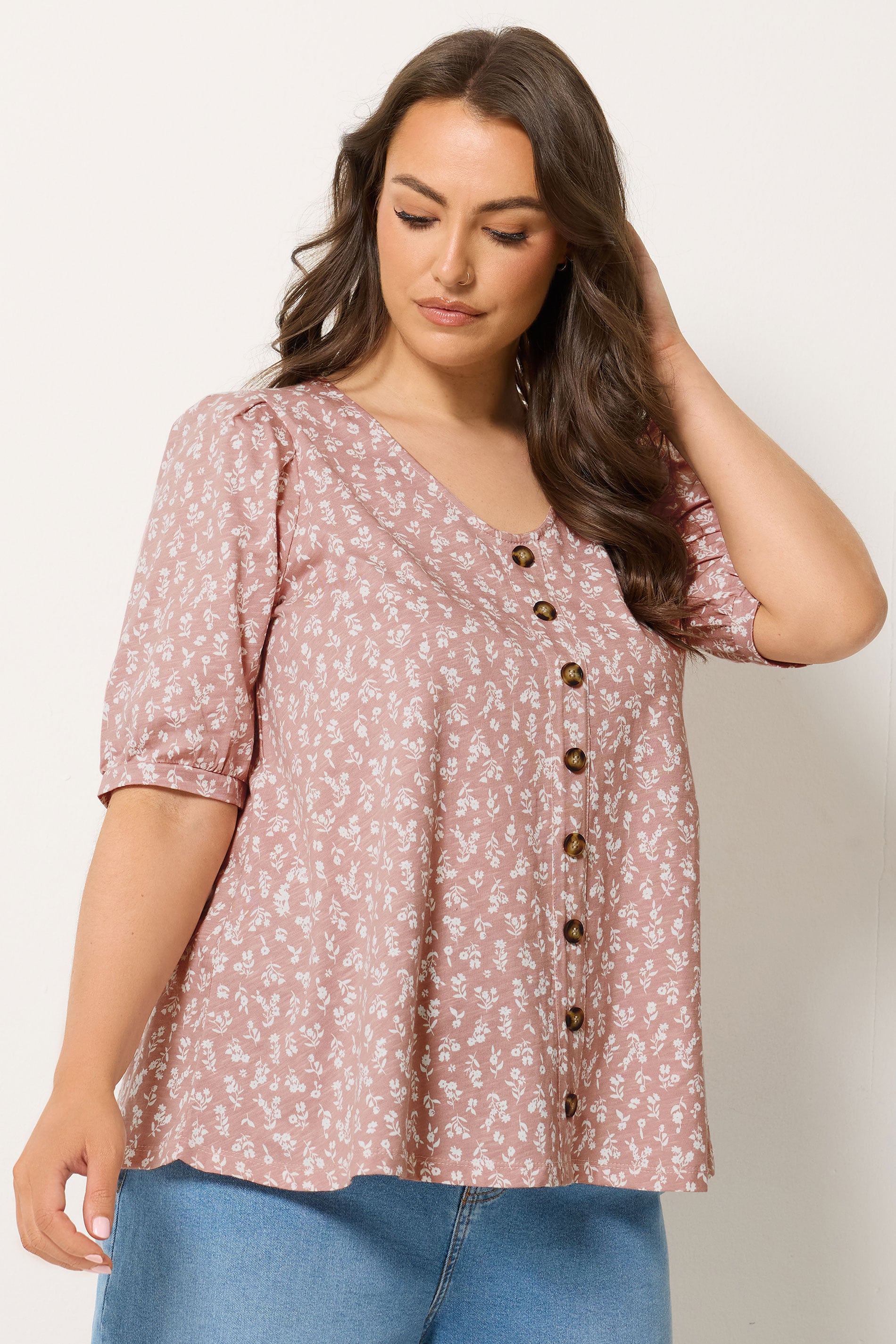 YOURS Plus Size Pink Floral Button Front Top | Yours Clothing 3