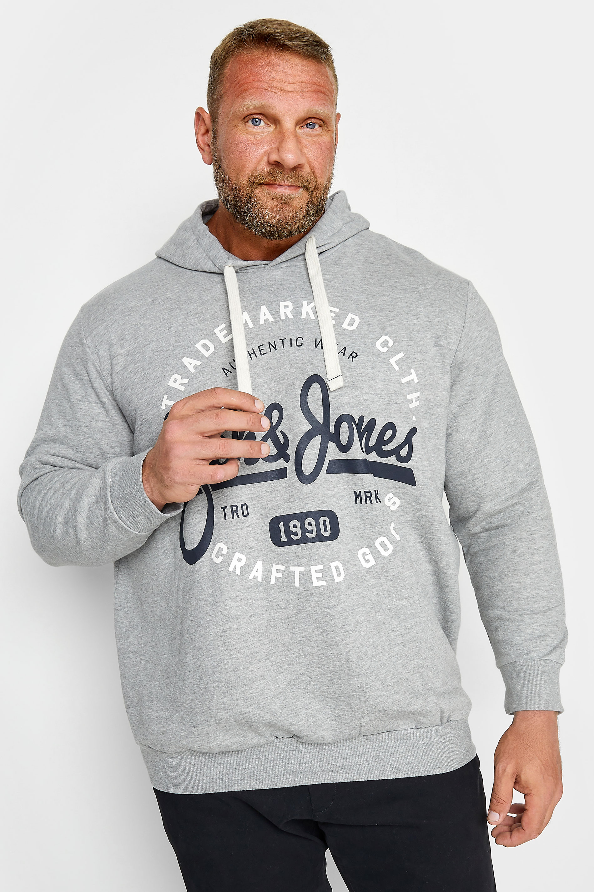 JACK & JONES Big & Tall Grey Hooded Logo Print Sweatshirt | BadRhino 1