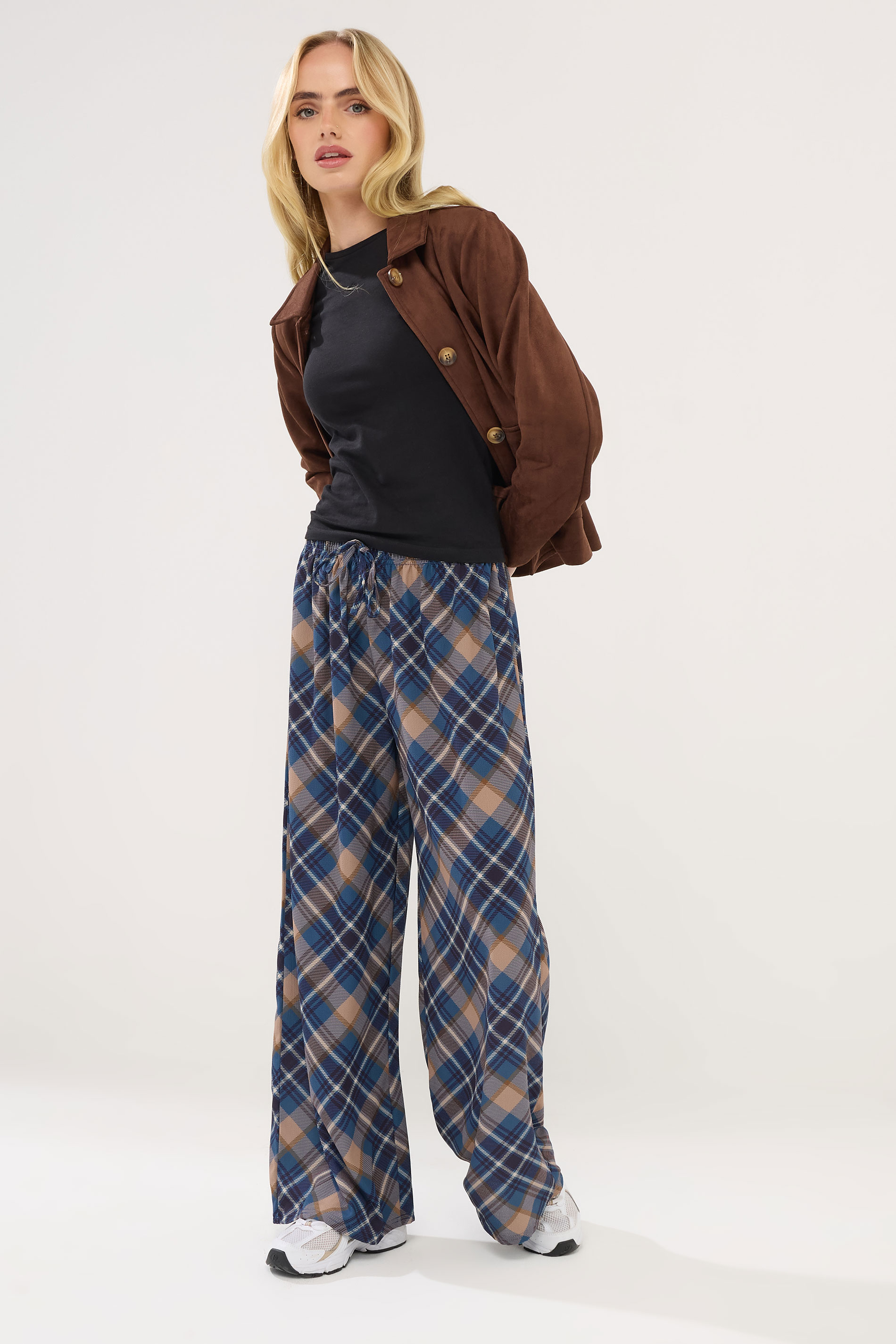 PixieGirl Petite Womens Navy Blue Check Wide Leg Trousers | PixieGirl 3