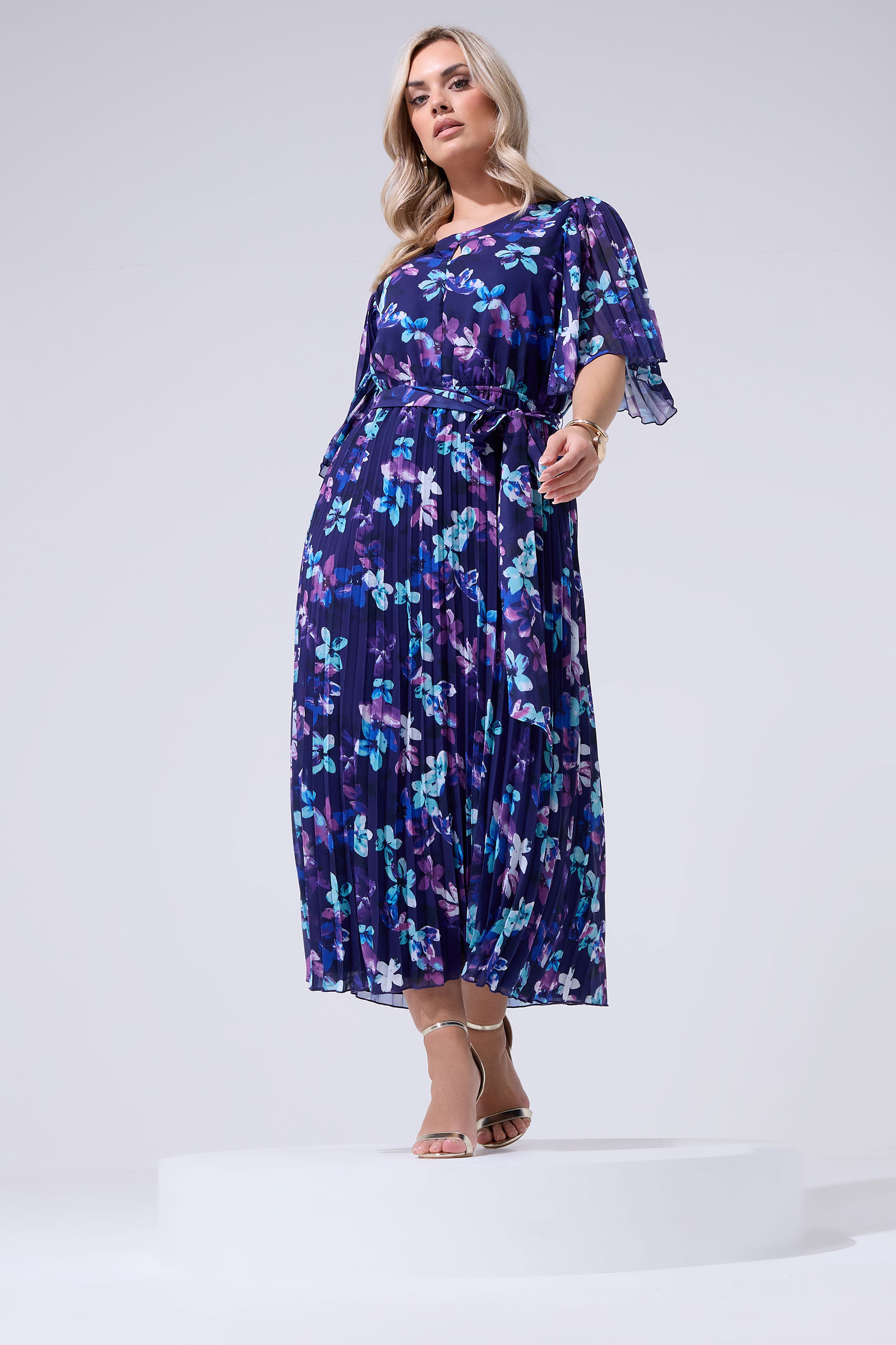 YOURS LONDON Plus Size Blue Floral Pleated Maxi Dress | Yours Clothing 1
