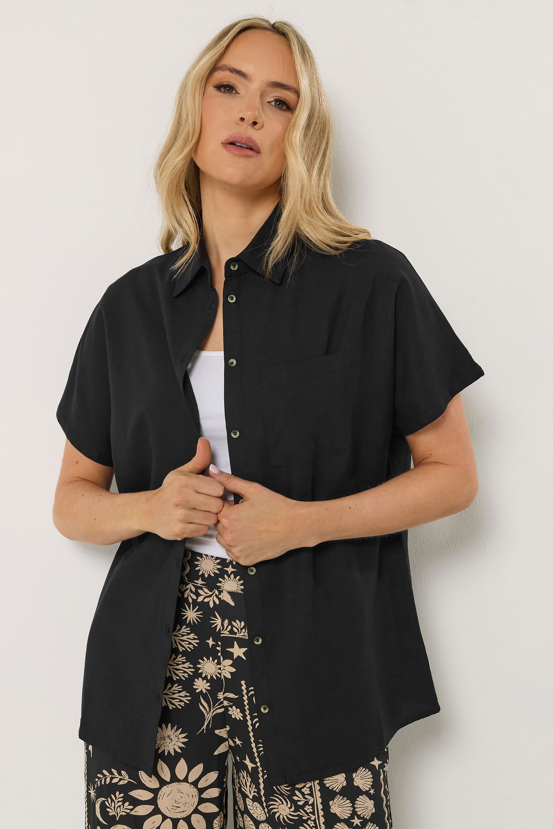 LTS Tall Women's Black Short Sleeve Linen Shirt | Long Tall Sally 1