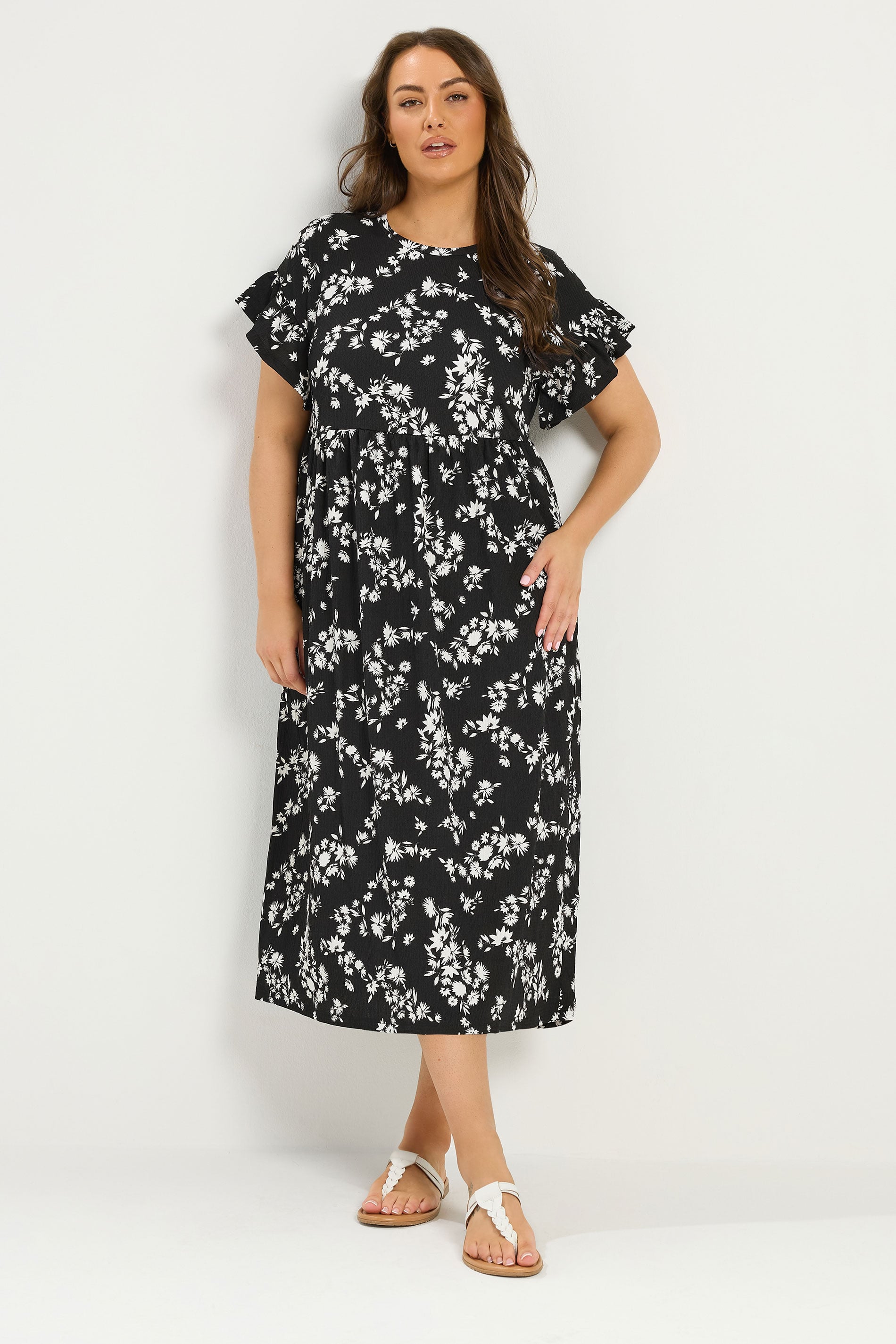 YOURS Plus Size Black Floral Frill Sleeve Maxi Dress | Yours Clothing 1
